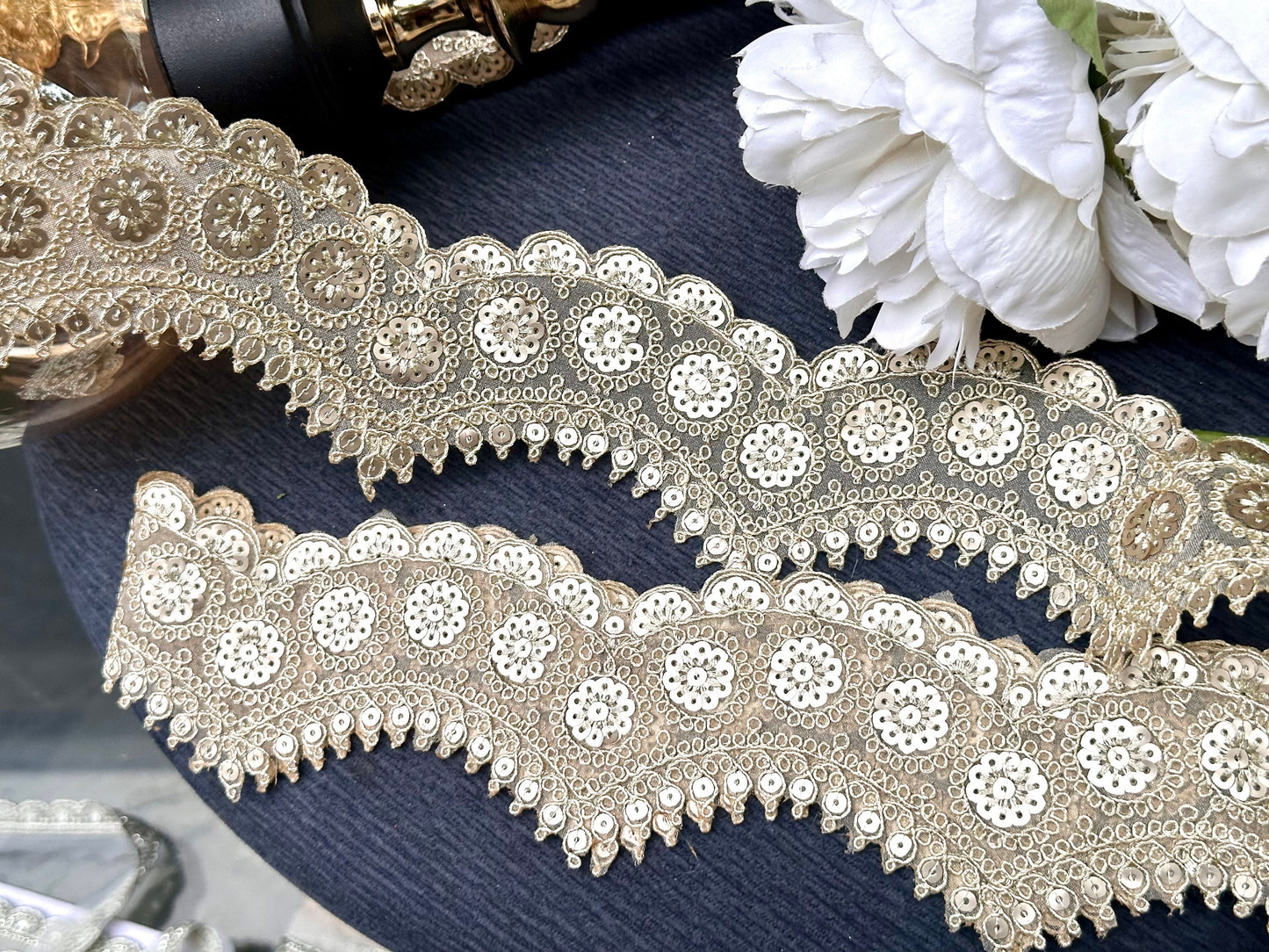 Indian Zari Golden Intricate Embroidered Sequin Scallop Indian Embellished Net Fabric Trim