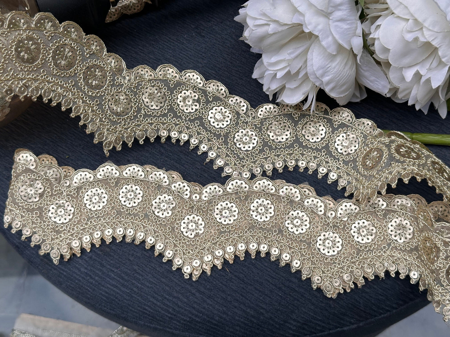 Indian Zari Golden Intricate Embroidered Sequin Scallop Indian Embellished Net Fabric Trim