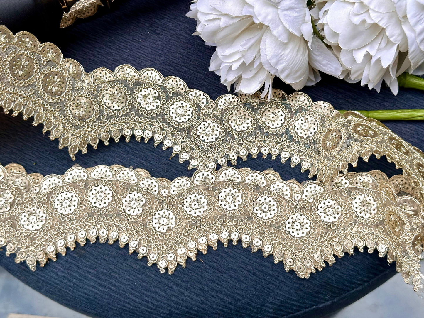Indian Zari Golden Intricate Embroidered Sequin Scallop Indian Embellished Net Fabric Trim