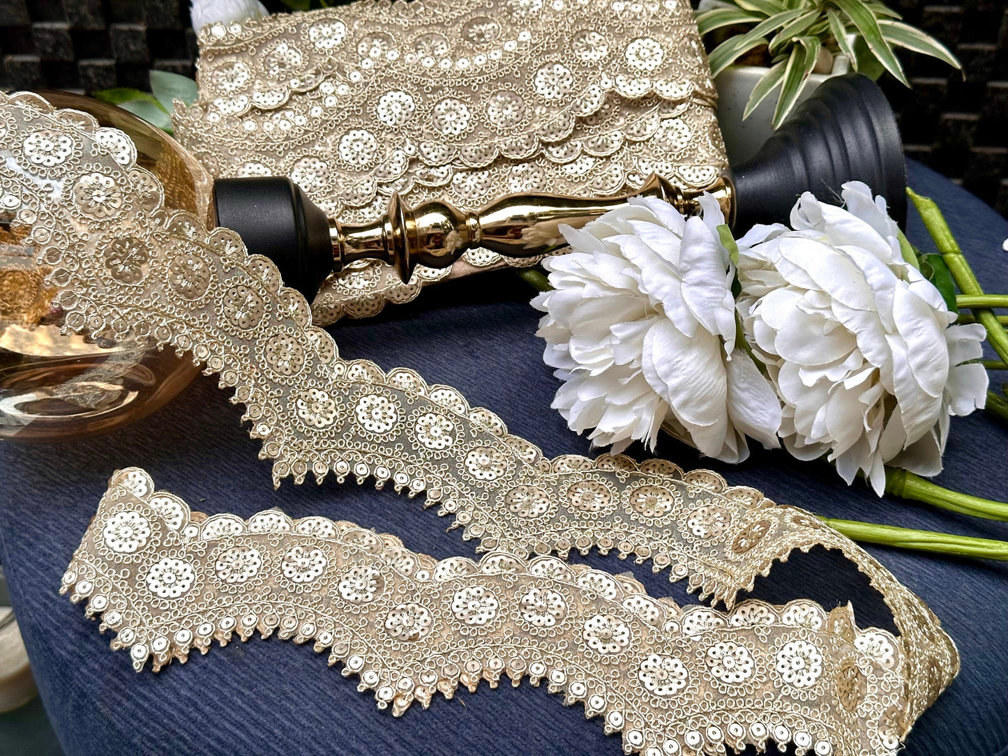 Indian Zari Golden Intricate Embroidered Sequin Scallop Indian Embellished Net Fabric Trim