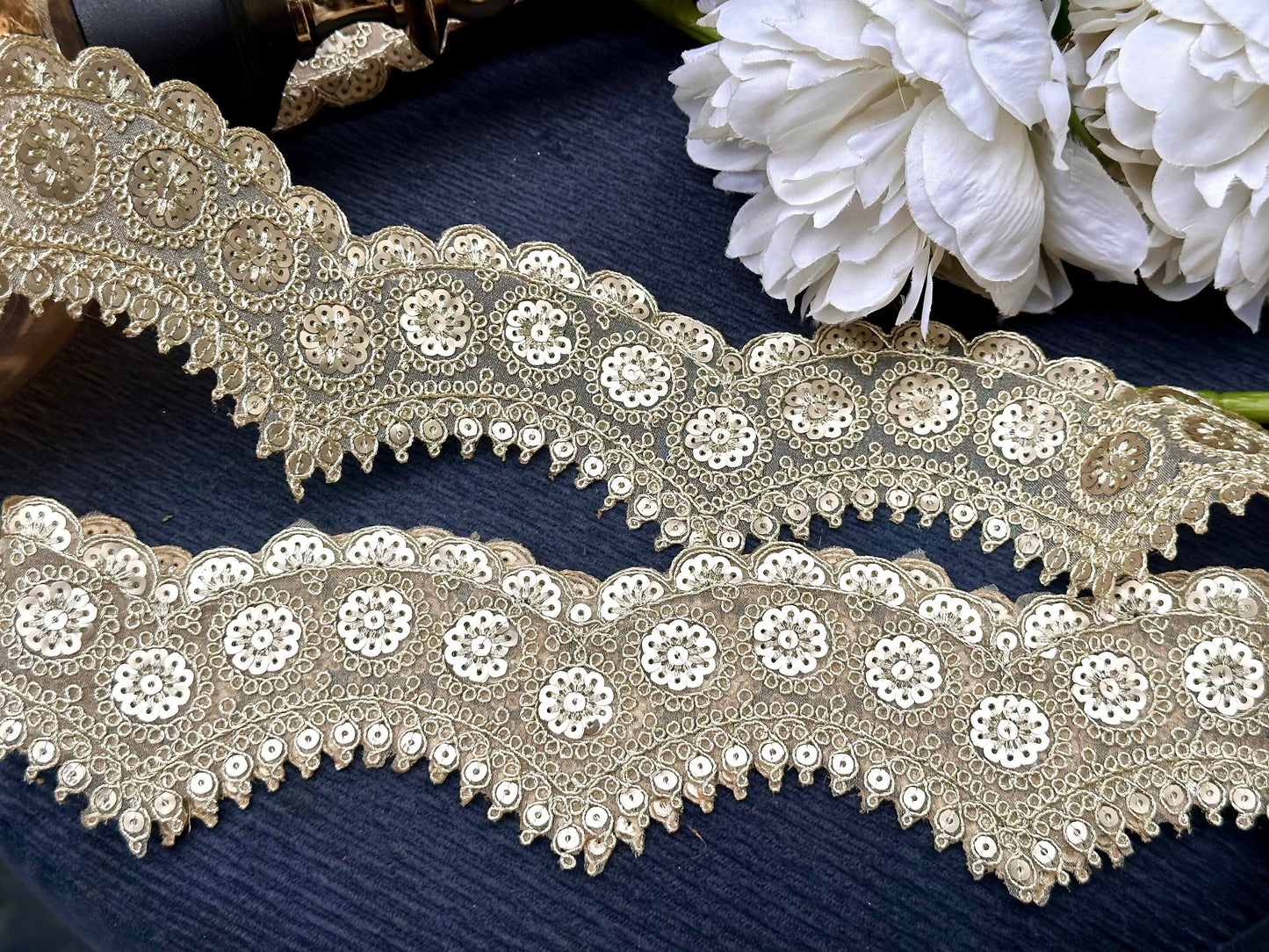 Indian Zari Golden Intricate Embroidered Sequin Scallop Indian Embellished Net Fabric Trim