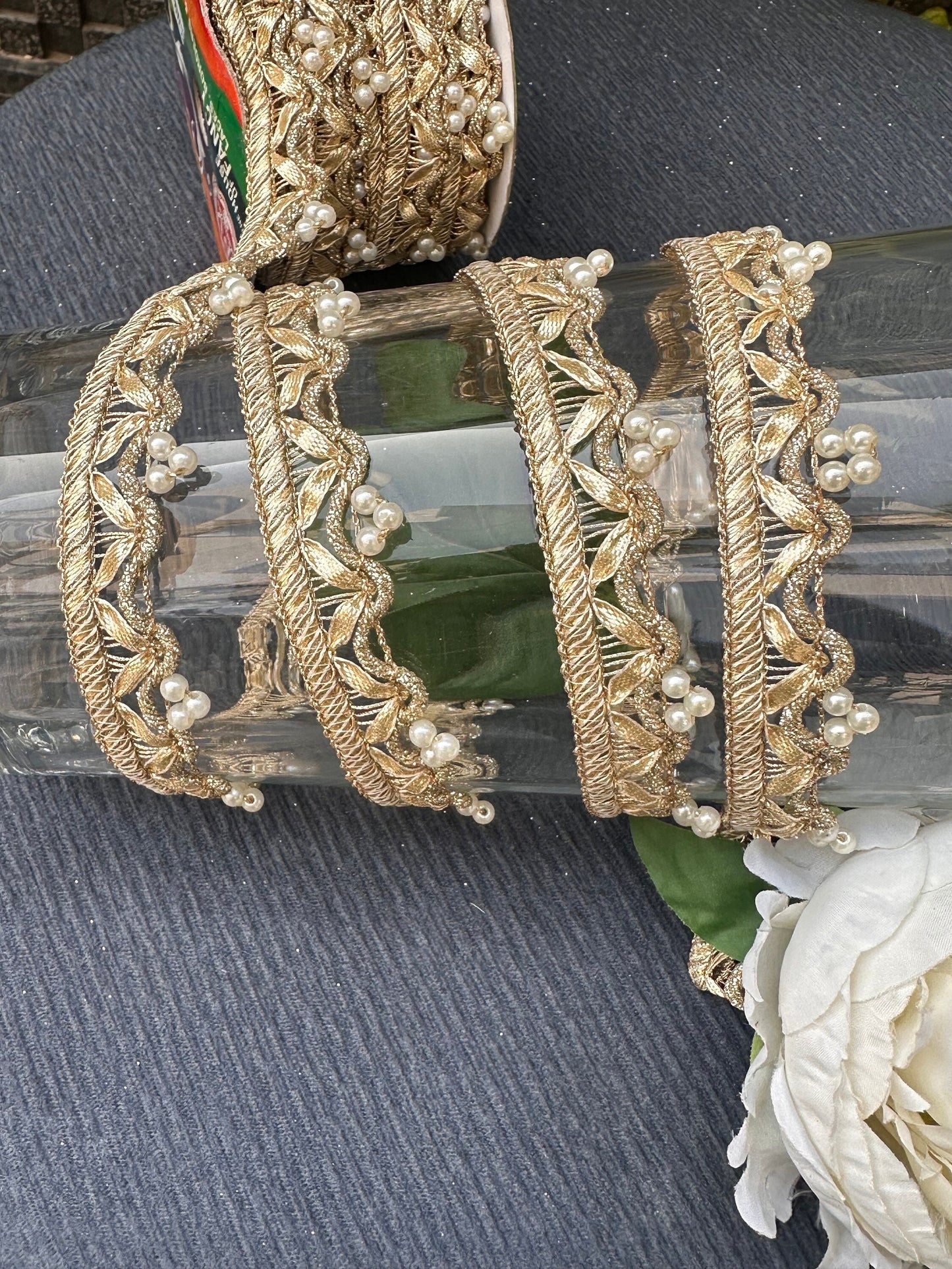 Gold Pearl Fabric Trim Bridal Edging Dupatta Lace Wedding Dress Costume Accessory DIY Crafting Sew On Trim