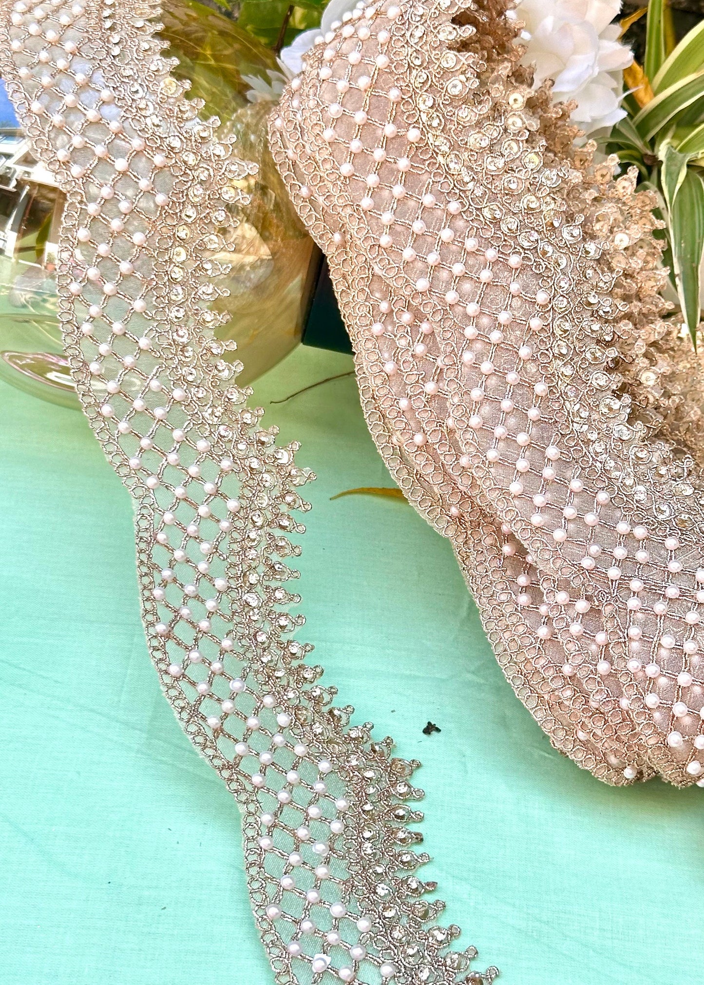 Rose gold pearl and zircon indian embroidery scalloped sari trim dupatta border