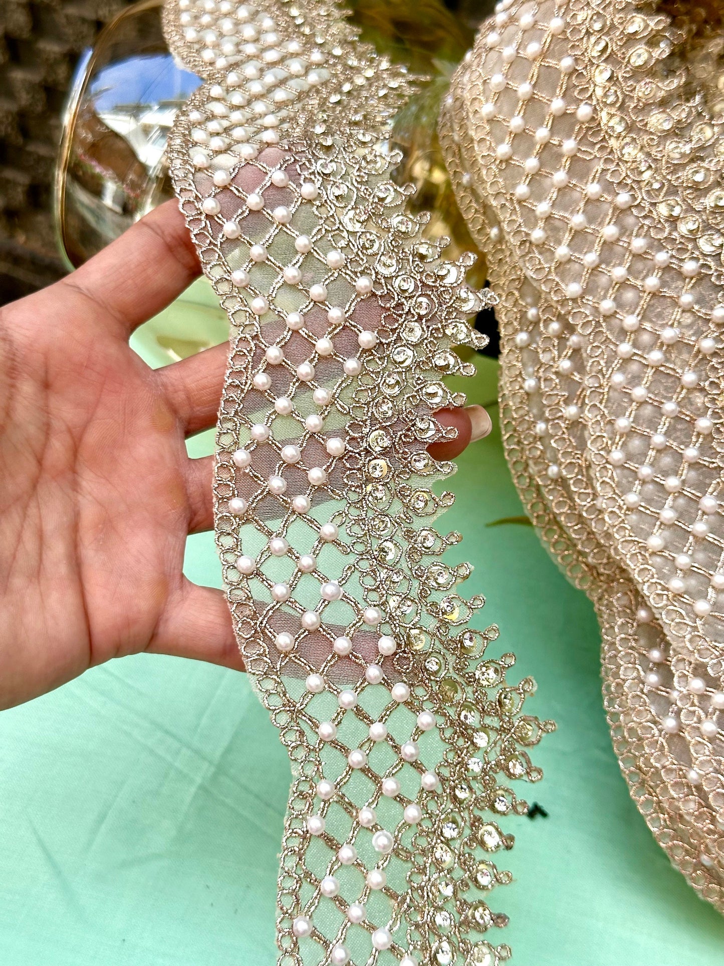 Rose gold pearl and zircon indian embroidery scalloped sari trim dupatta border
