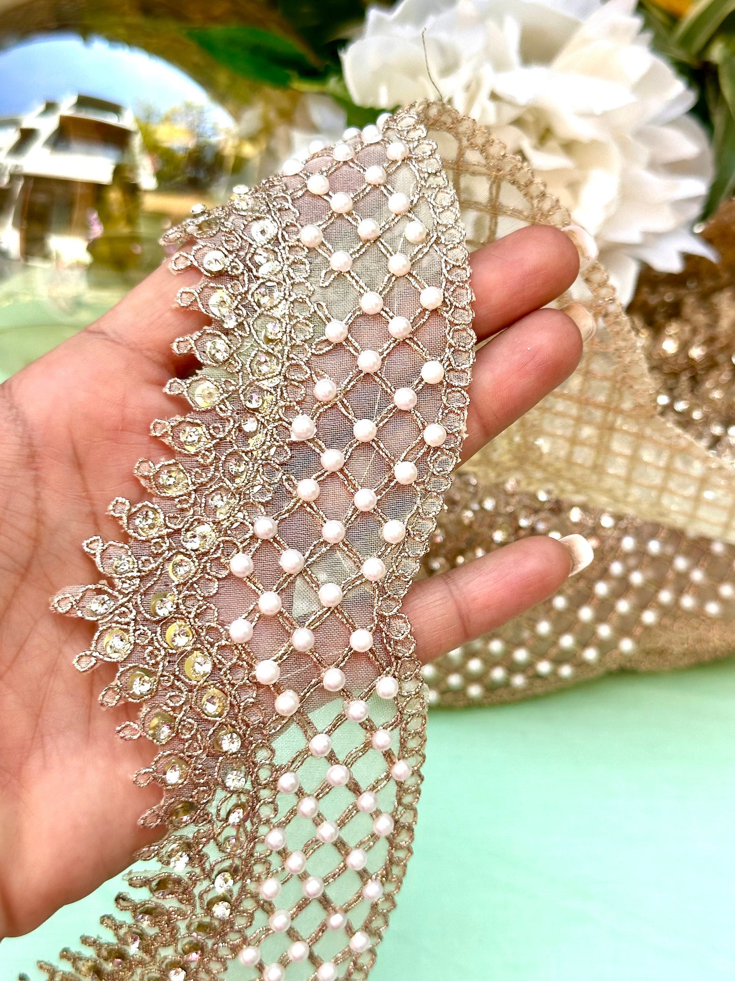 Rose gold pearl and zircon indian embroidery scalloped sari trim dupatta border