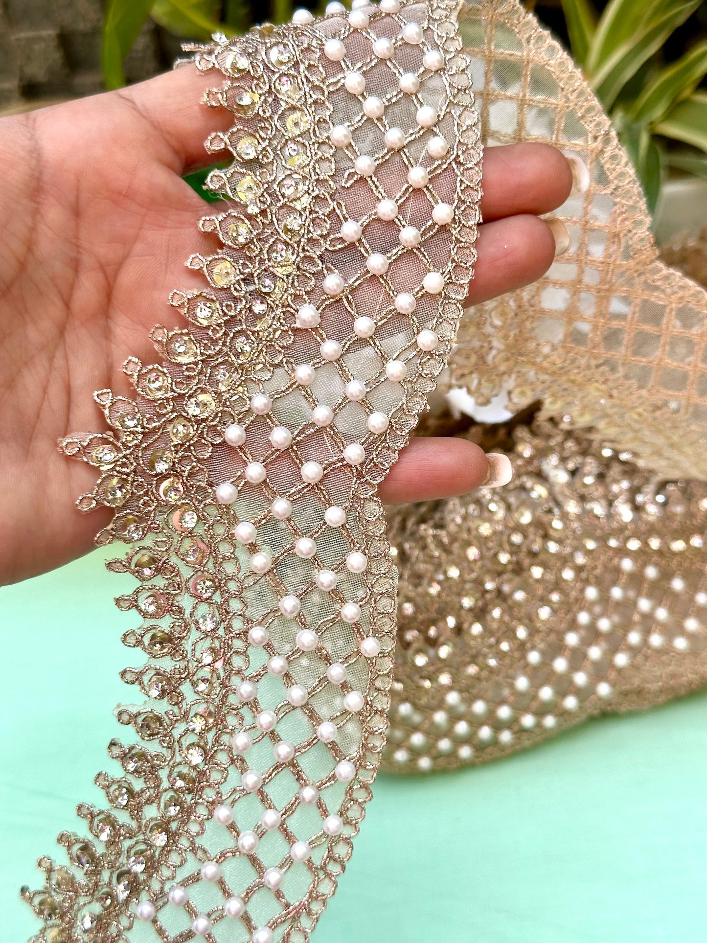Rose gold pearl and zircon indian embroidery scalloped sari trim dupatta border