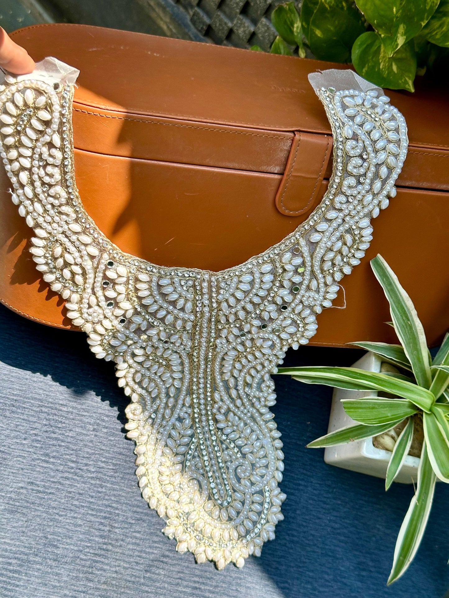 Pearl Neckline Patch Zircon Embroidery Applique Sew On Neckline Patch
