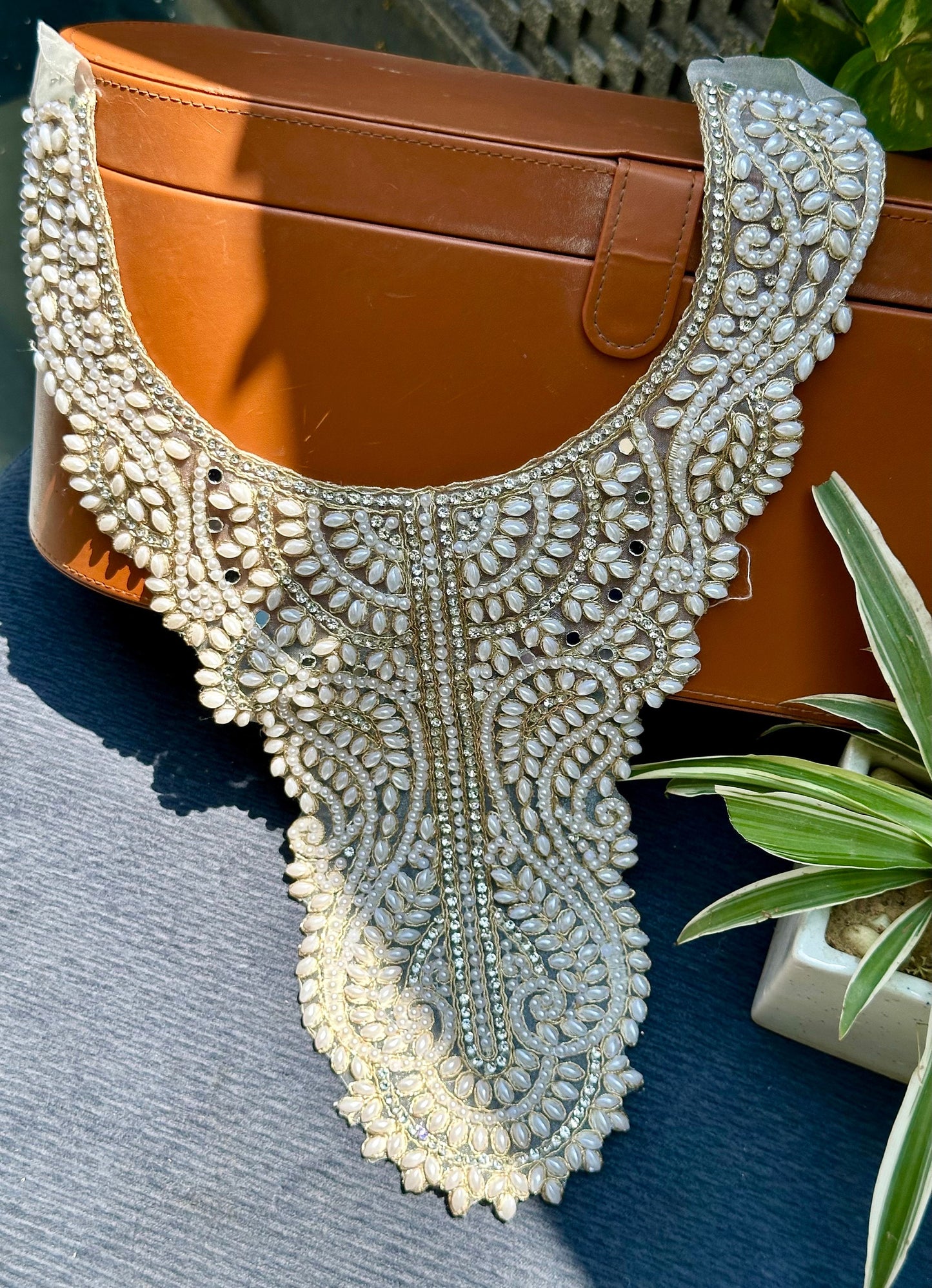Pearl Neckline Patch Zircon Embroidery Applique Sew On Neckline Patch