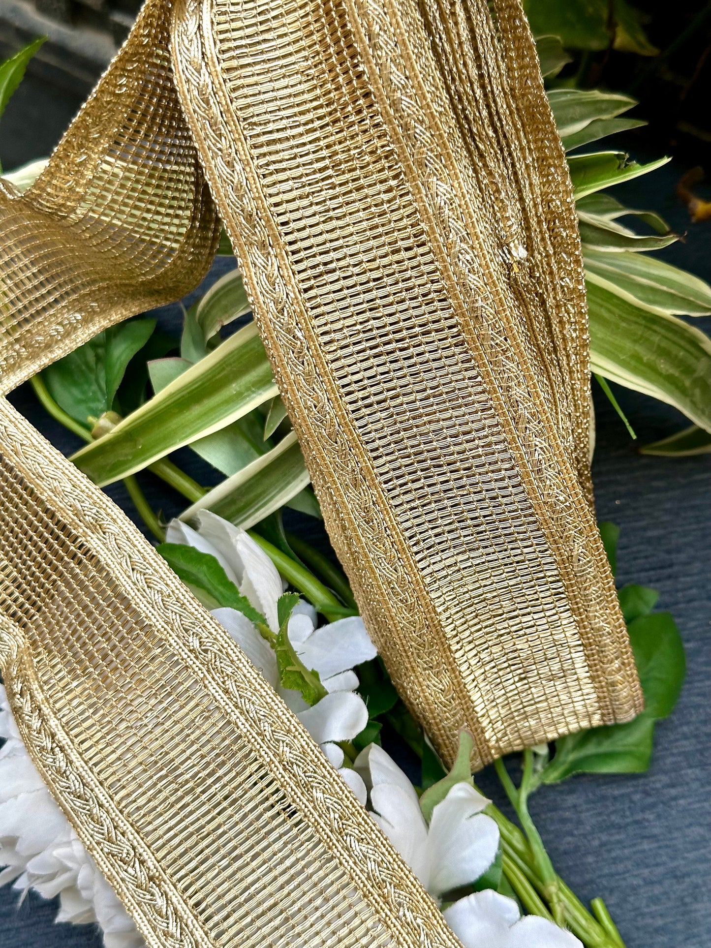 Metallic Gold Woven Lace Fabric Soft Woven Indian Sewing Crafting Ribbon Dupatta Lace