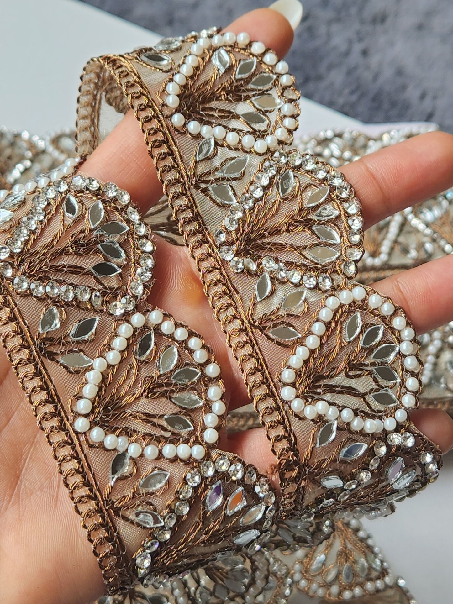 Antique Zari Work Pearl And Mirror Indian Trim Lace Sari Border DIY Wedding Sash