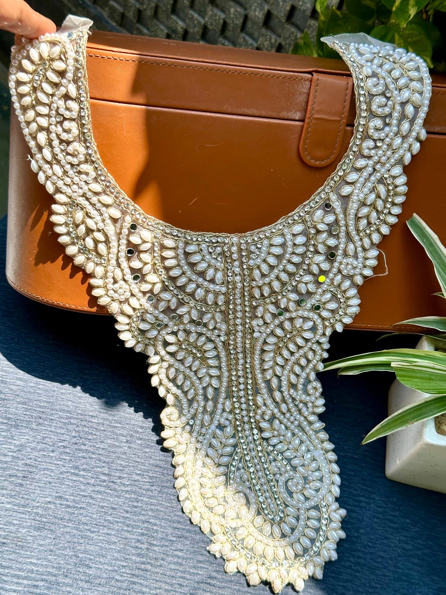 Pearl Neckline Patch Zircon Embroidery Applique Sew On Neckline Patch