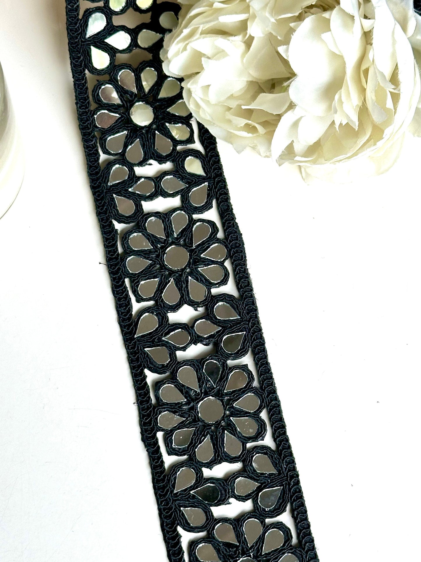 4.5cm Indian Mirror Black Gothic Flower Pattern Trim saree Border Indian Bollywood Mirror Lace