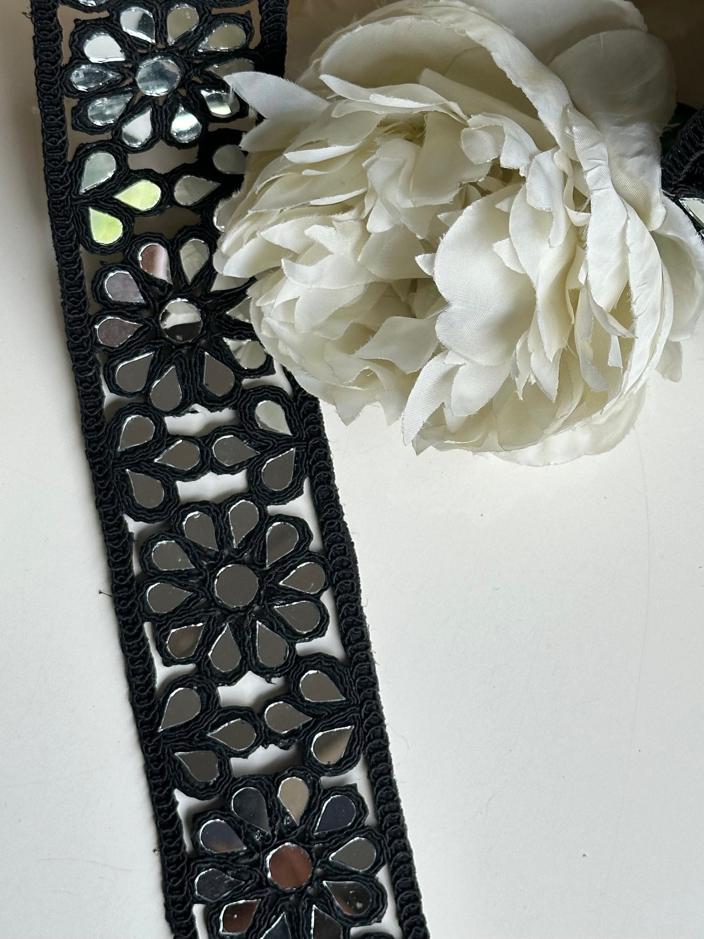 4.5cm Indian Mirror Black Gothic Flower Pattern Trim saree Border Indian Bollywood Mirror Lace