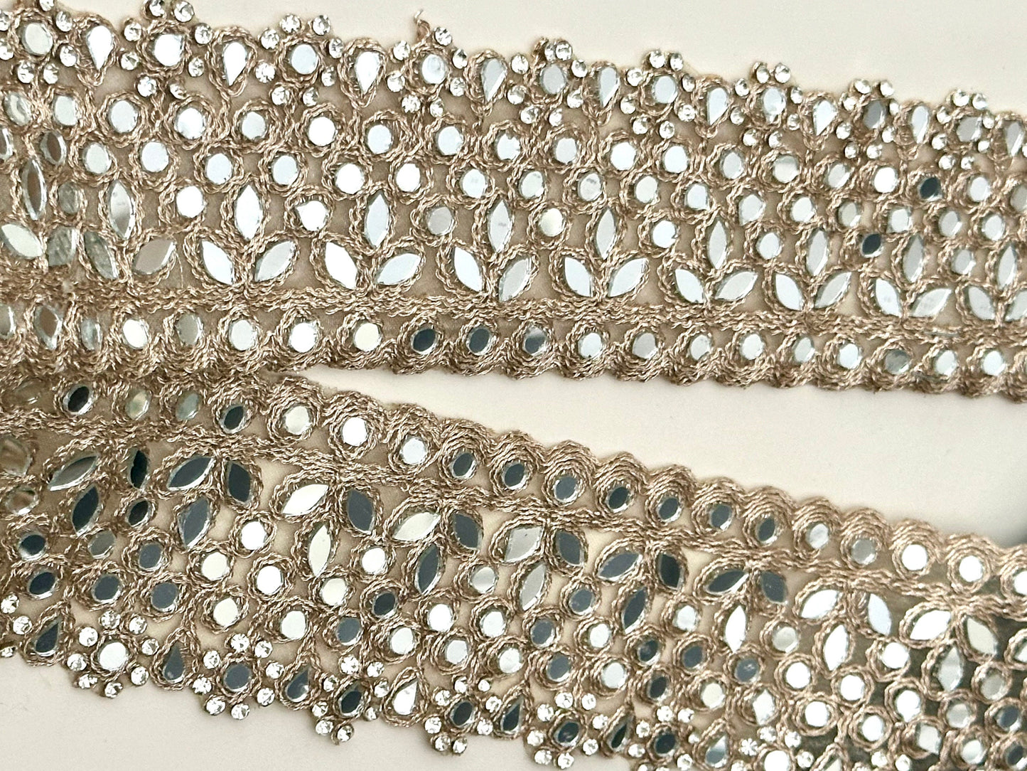 Embellished Gold Zari Mirror & Zircon Lace Trim Indian floral Embellished Border