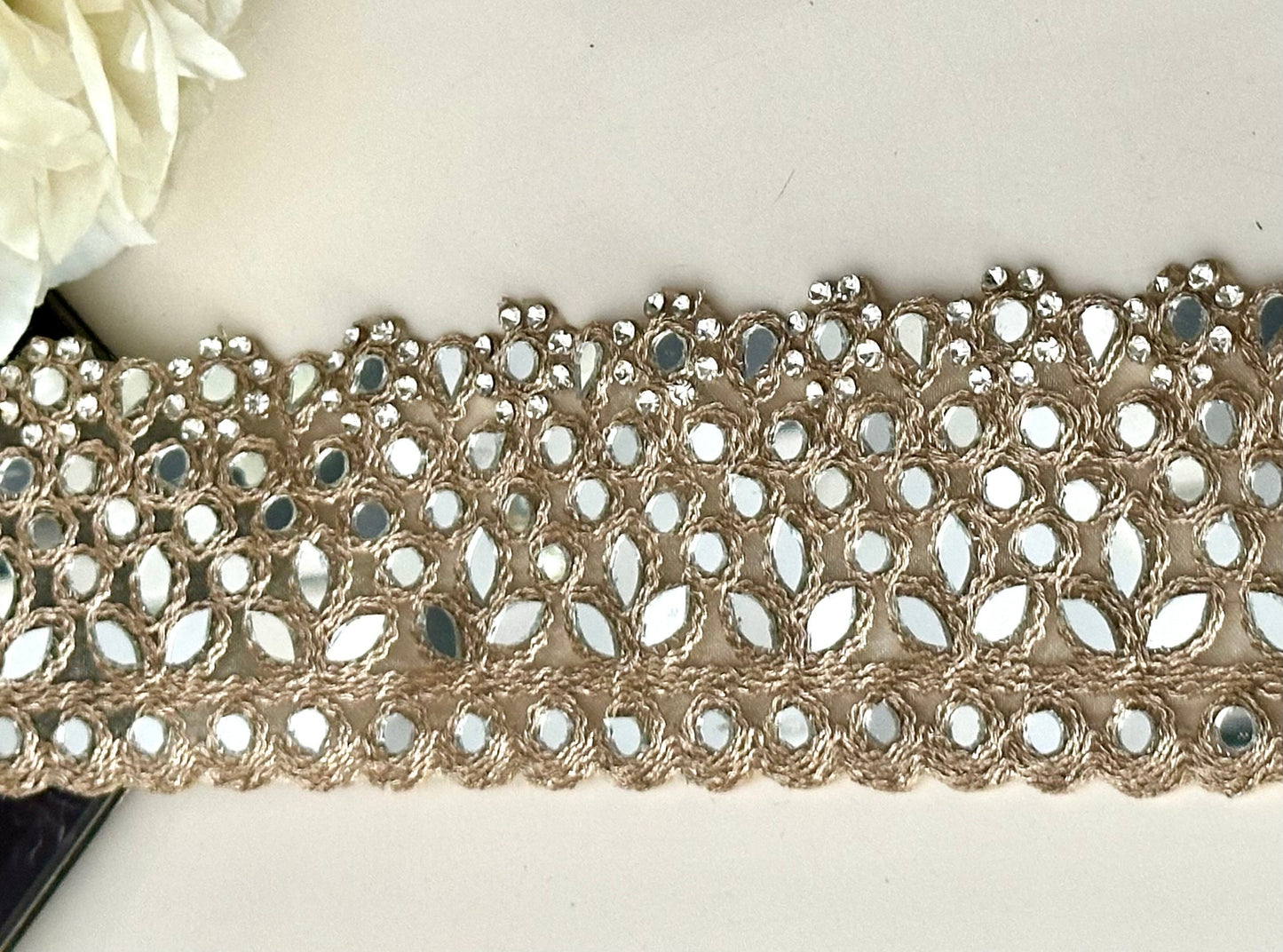 Embellished Gold Zari Mirror & Zircon Lace Trim Indian floral Embellished Border