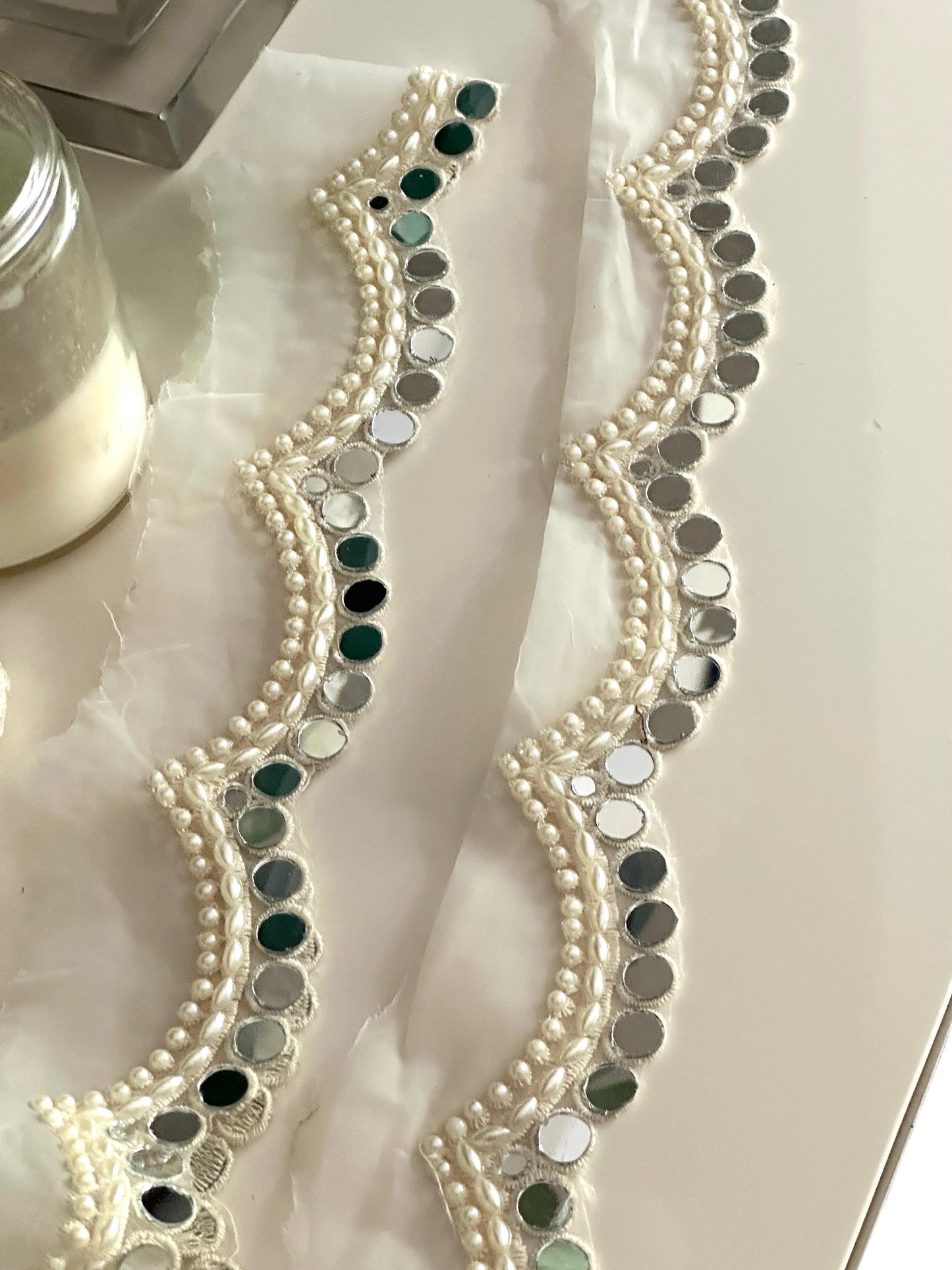 Pearl & Mirror Indian Embroidered Trim Scalloped White saree Trim For Bridal Veil