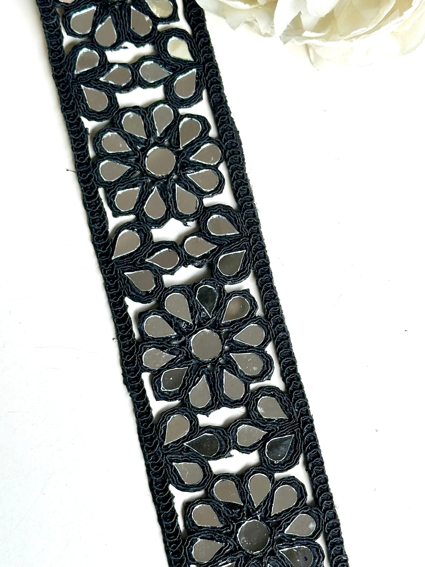 4.5cm Indian Mirror Black Gothic Flower Pattern Trim saree Border Indian Bollywood Mirror Lace
