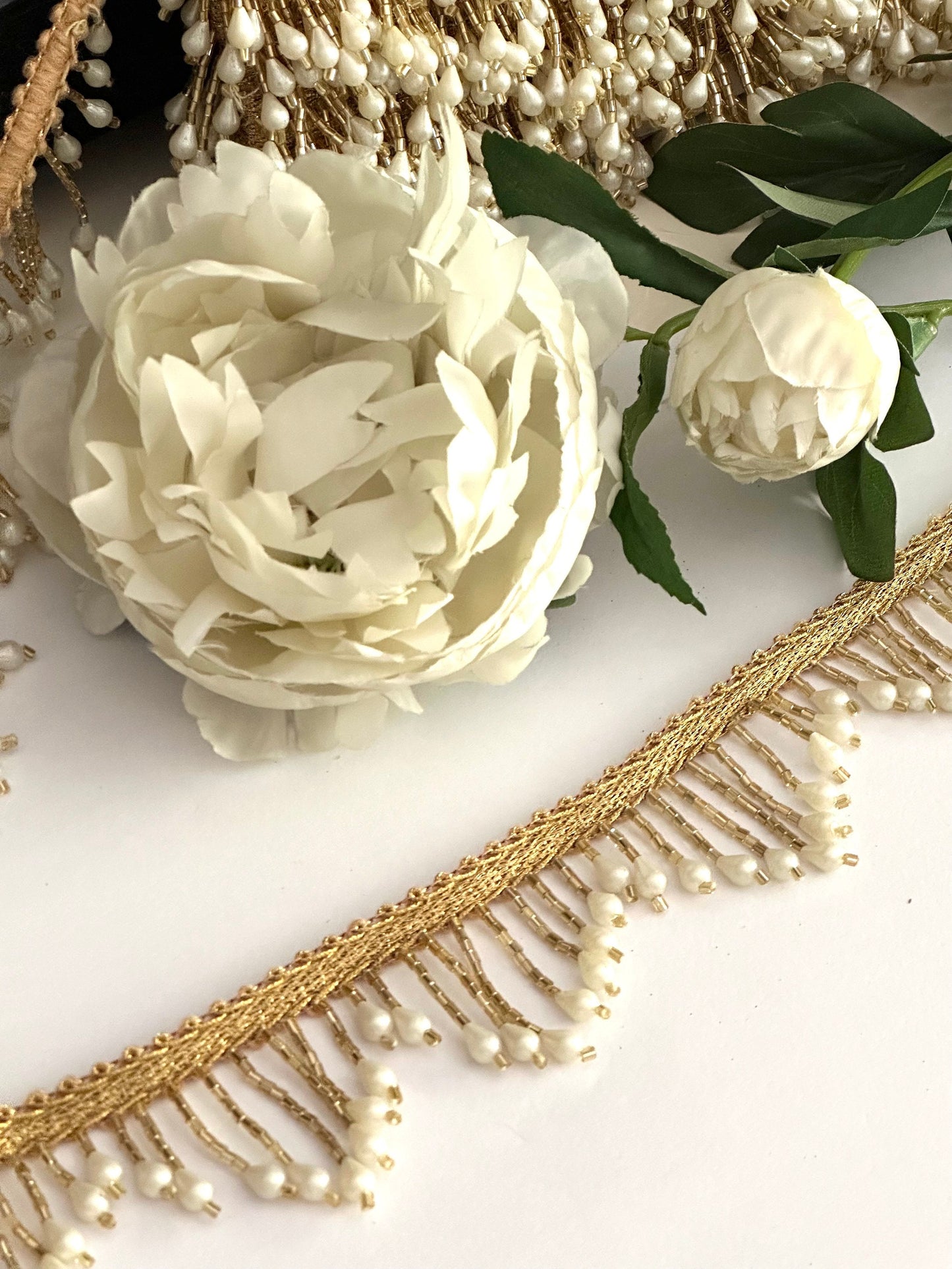 Beautiful Gold & White Beaded 4cm Trim Pearl Decorative Tassel Lace Trim Gold Beaded Trim