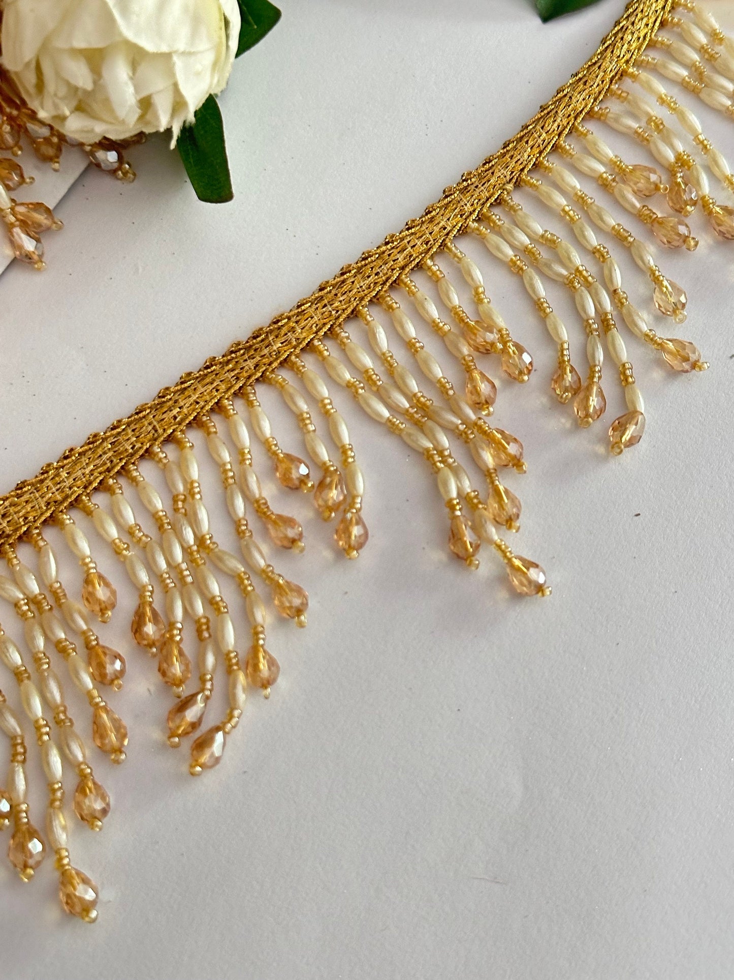 Pearl And Crystal Beaded Decorative Tassel Lace Trim Gold Beaded Latkan Trim