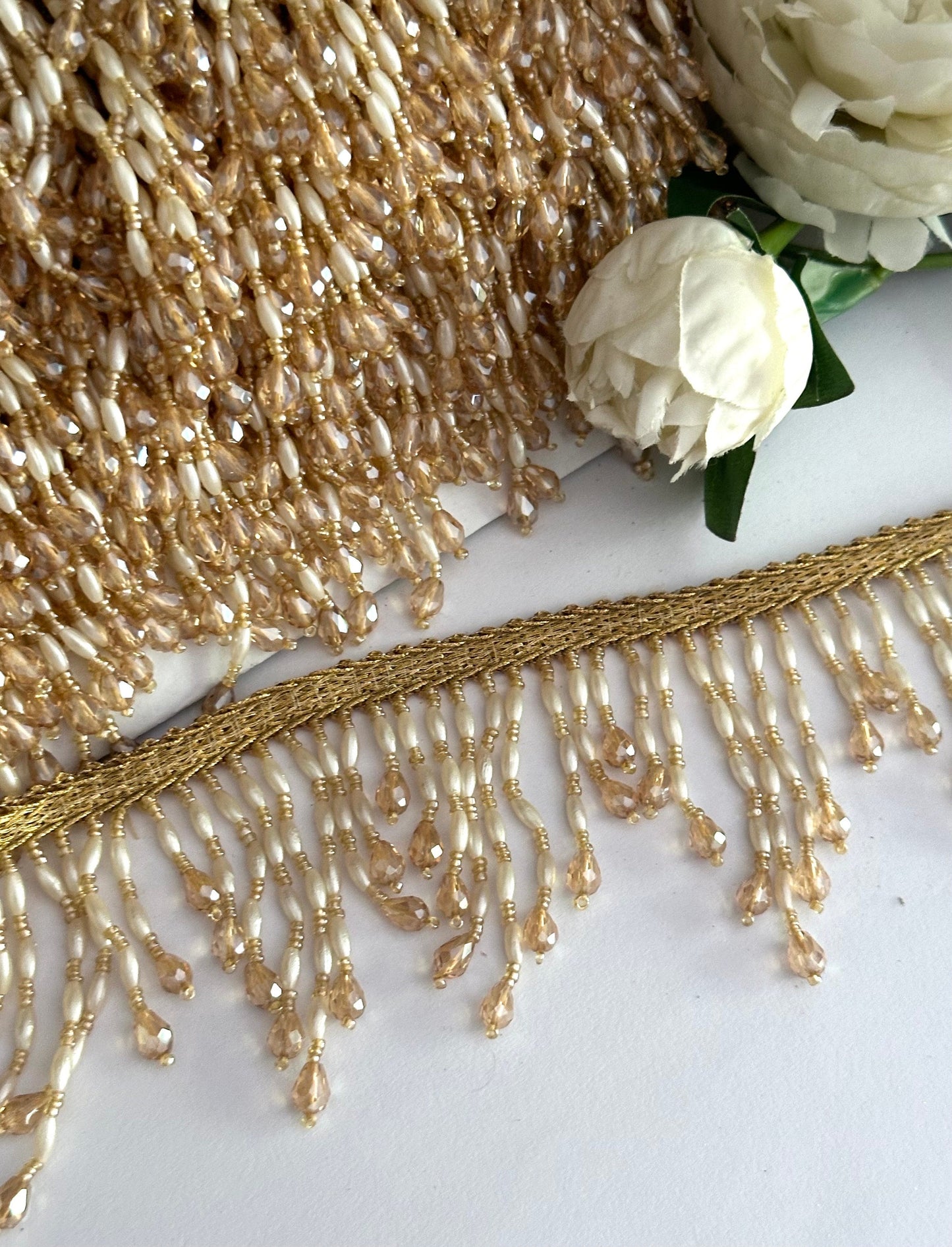 Pearl And Crystal Beaded Decorative Tassel Lace Trim Gold Beaded Latkan Trim