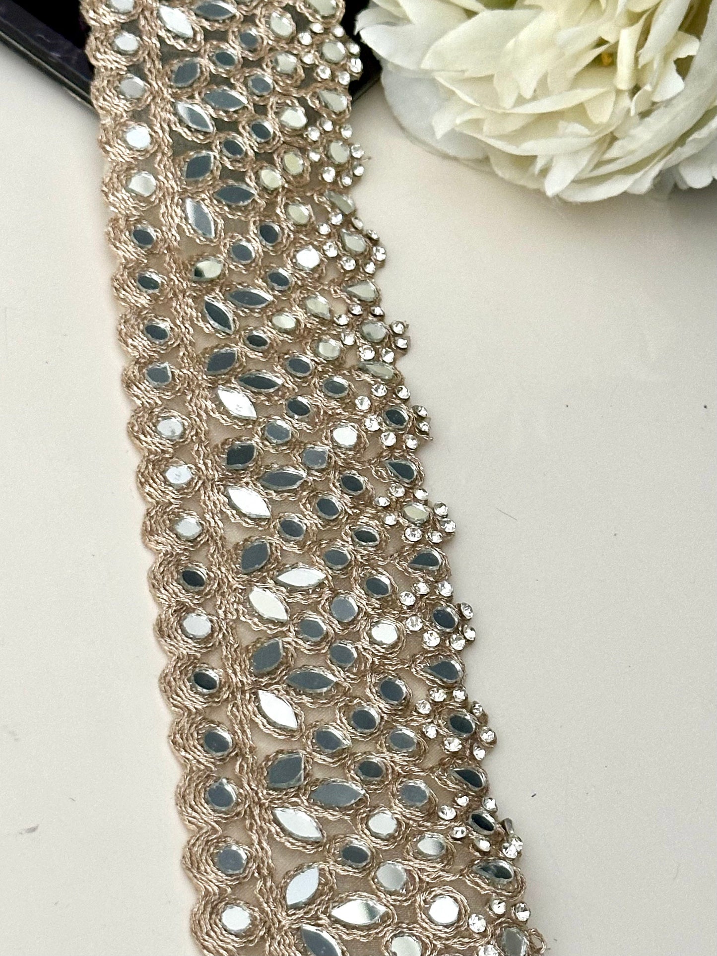 Embellished Gold Zari Mirror & Zircon Lace Trim Indian floral Embellished Border