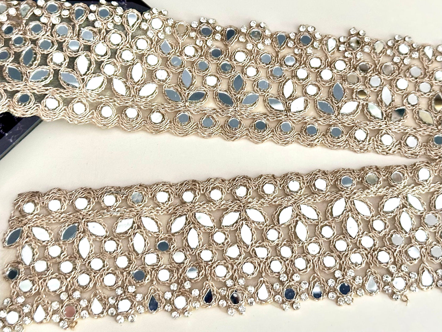 Embellished Gold Zari Mirror & Zircon Lace Trim Indian floral Embellished Border