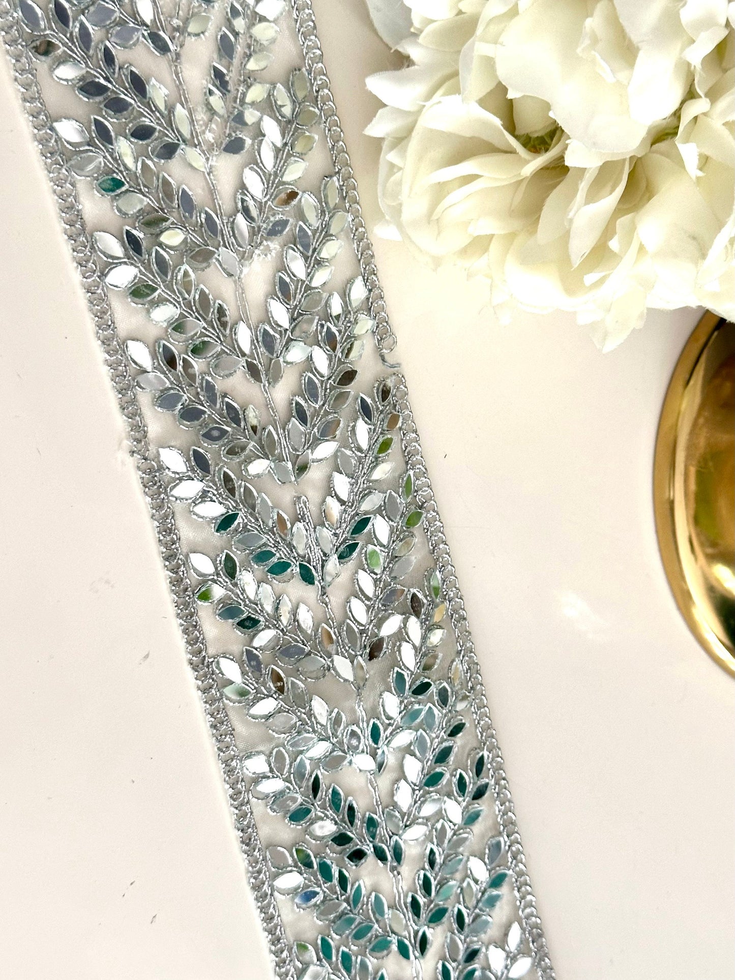 Silver Mirror Trim Bridal Belt Indian Laces Borders Sewing Crafting Saree Costume Mirror