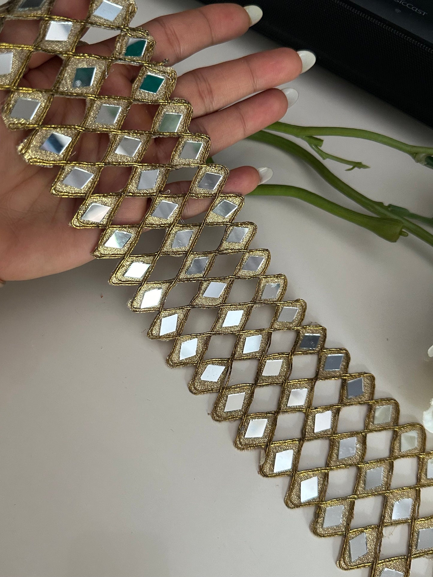Mirror Indian Hand Crafted Border Gold Zari Mirror Belt 6cm Wide For Dresses Weddng Wear