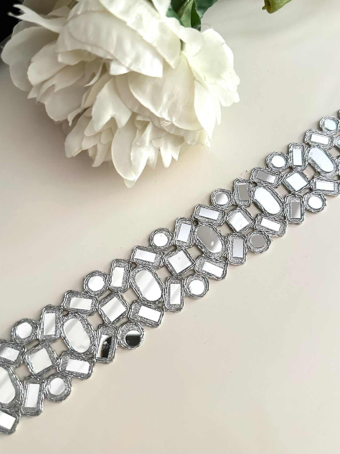 3cm Symmetric Mirror Belt Silver Geometric Cutwork Glamourous saree trim Indian Dupatta Costume Trim Lace DIY Sewing Decor Border By yard