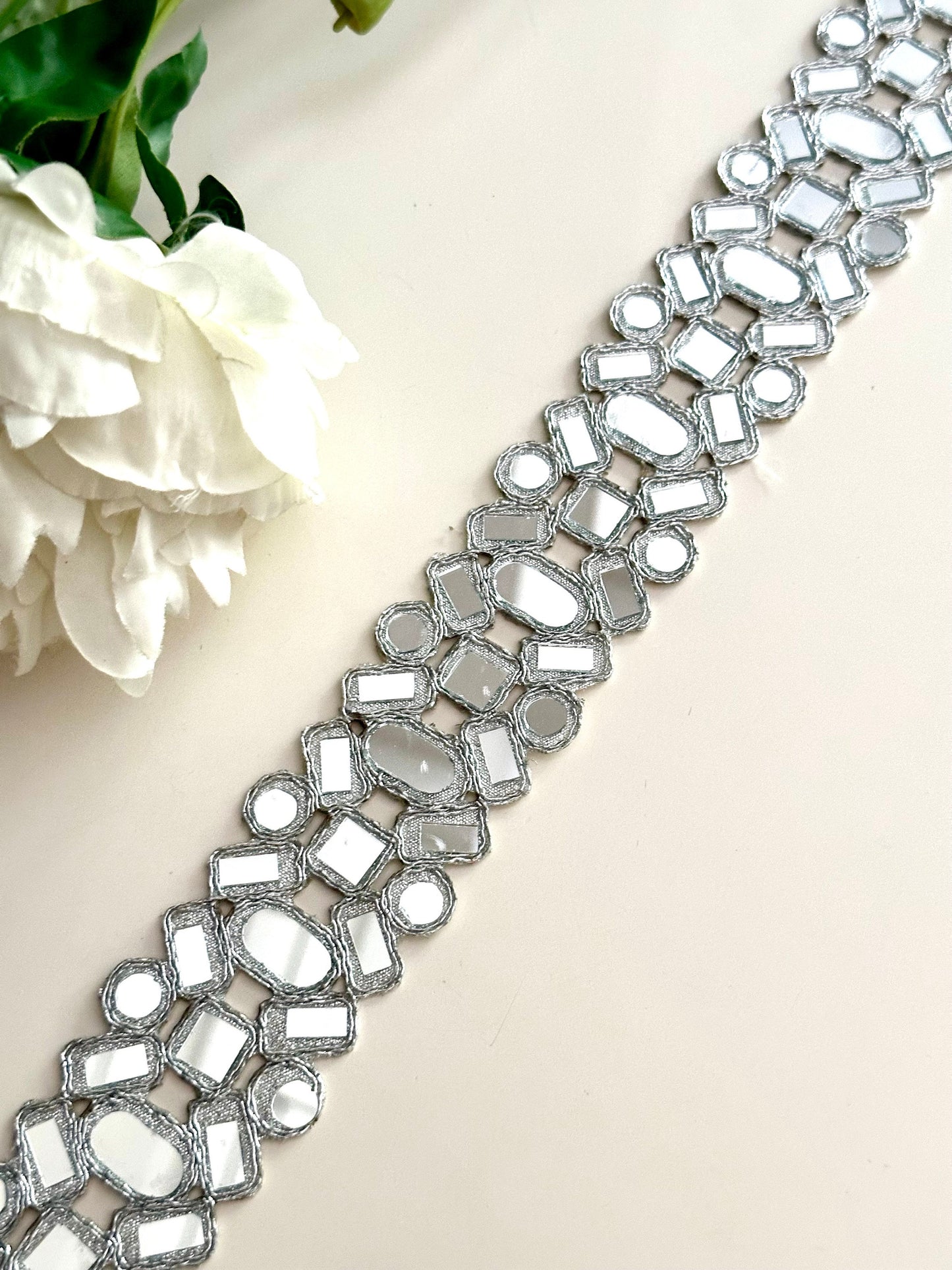 3cm Symmetric Mirror Belt Silver Geometric Cutwork Glamourous saree trim Indian Dupatta Costume Trim Lace DIY Sewing Decor Border By yard