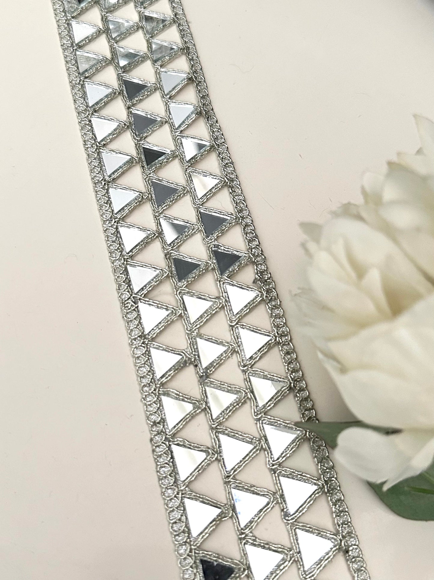 Sparkly Silver Mirror Cutwork Belt trim Embroidered Symmetric saree trim