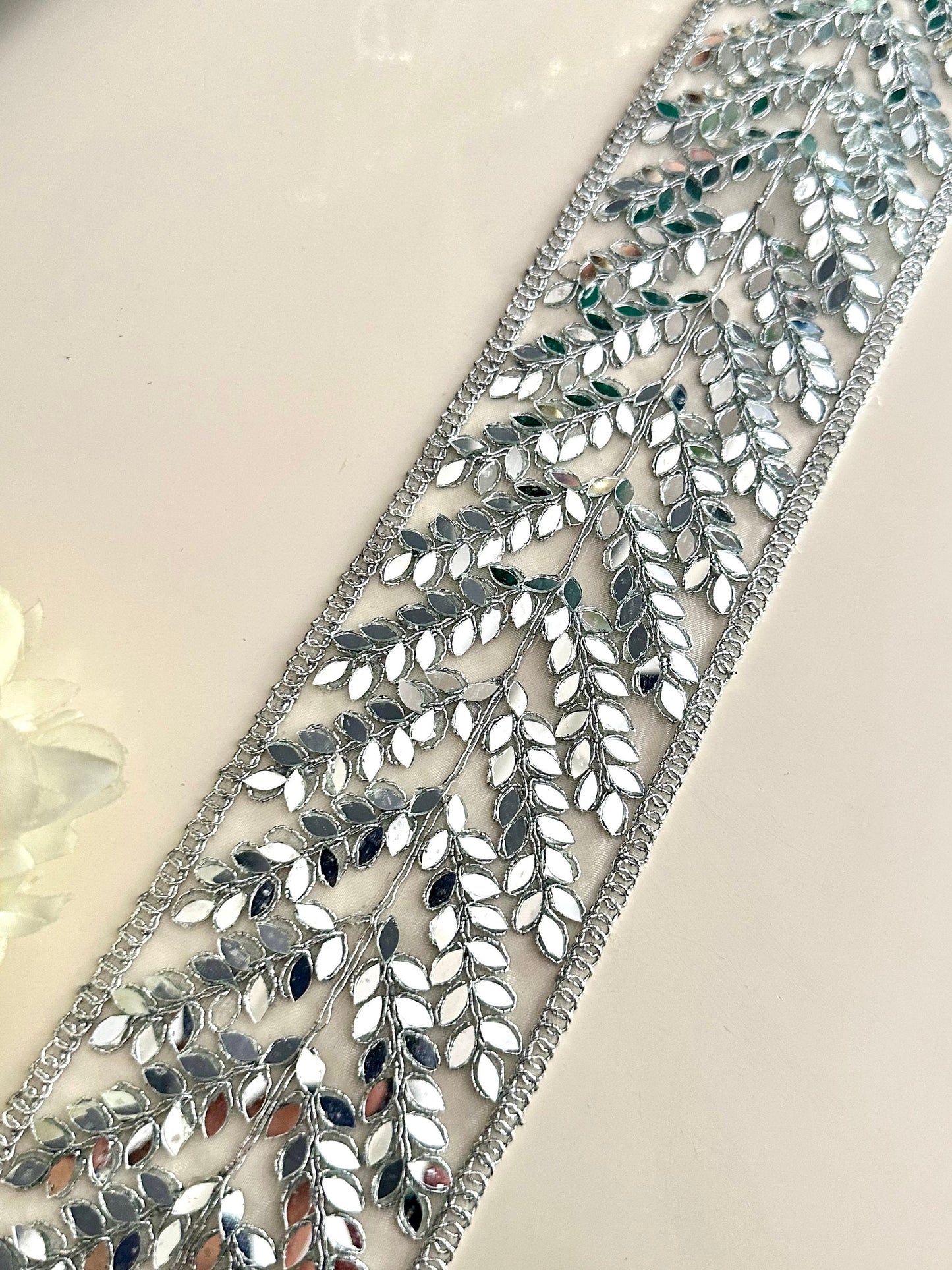 Silver Mirror Trim Bridal Belt Indian Laces Borders Sewing Crafting Saree Costume Mirror