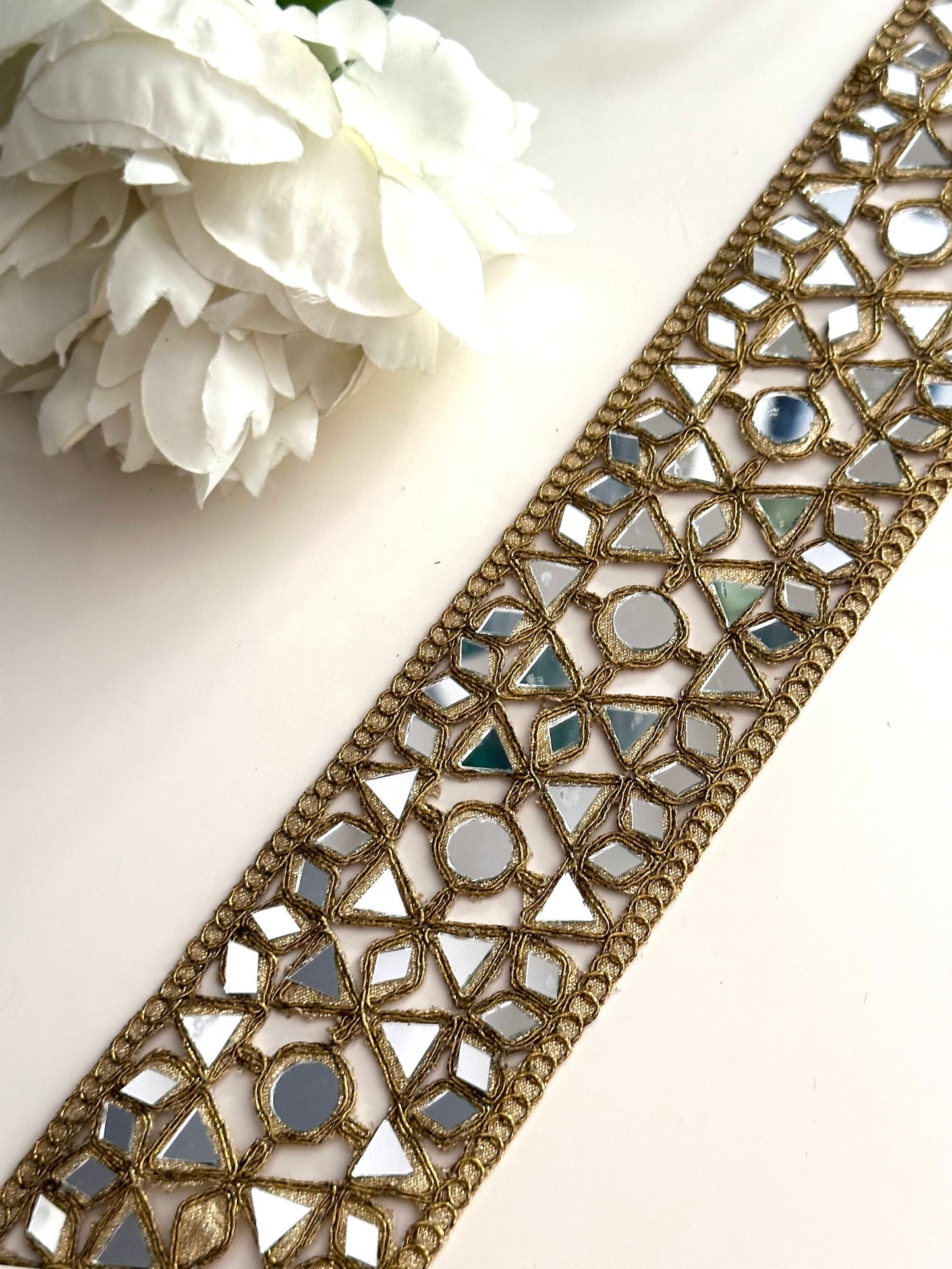 Broad Mirror Indian Embroidered Lace 6cm Antique Gold Mirror Cutwork Glamorous Sari