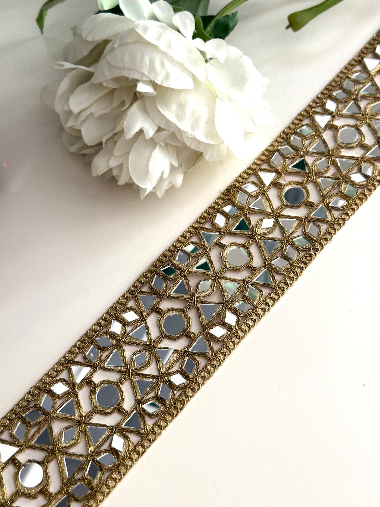 Broad Mirror Indian Embroidered Lace 6cm Antique Gold Mirror Cutwork Glamorous Sari
