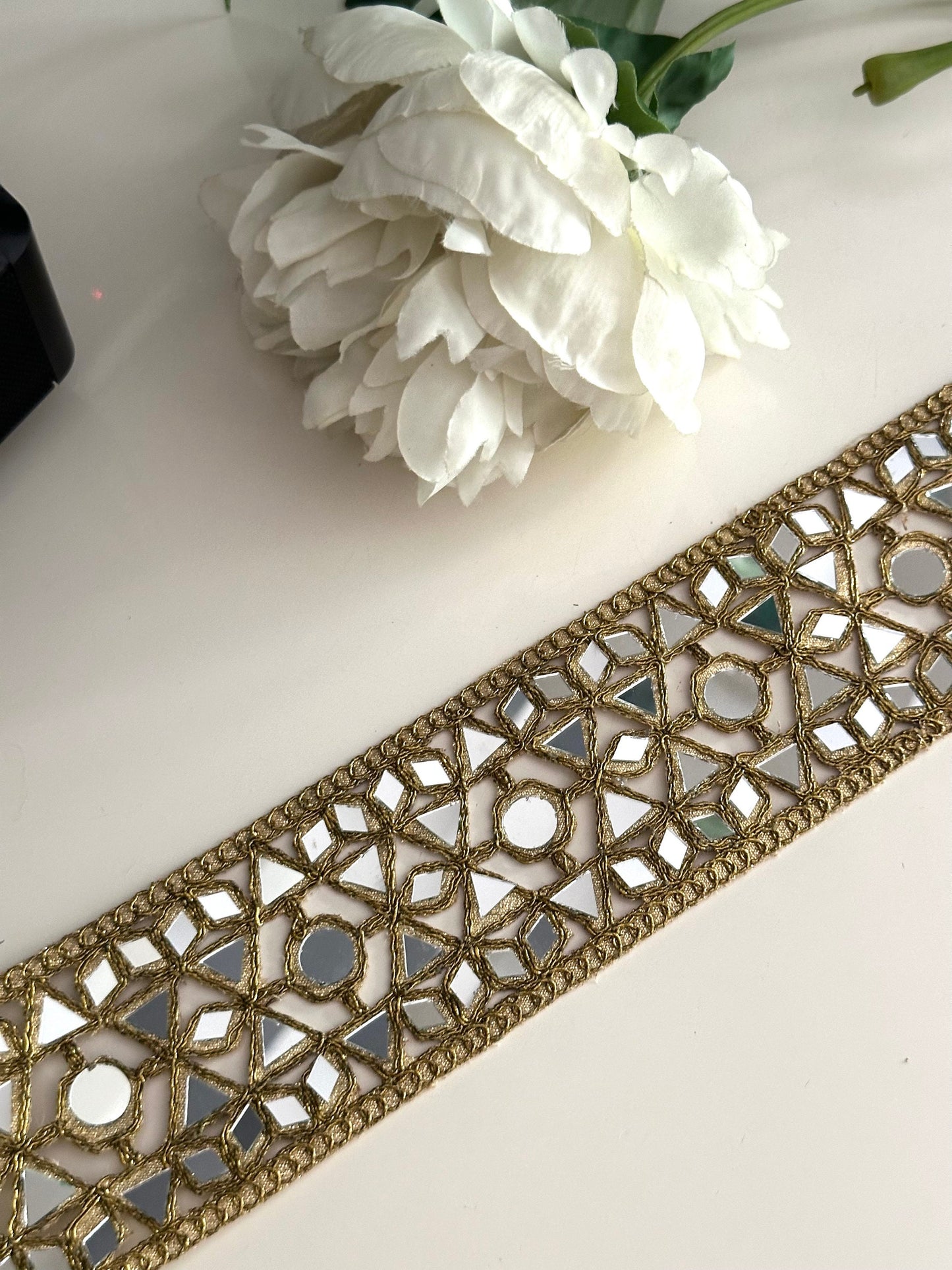 Broad Mirror Indian Embroidered Lace 6cm Antique Gold Mirror Cutwork Glamorous Sari