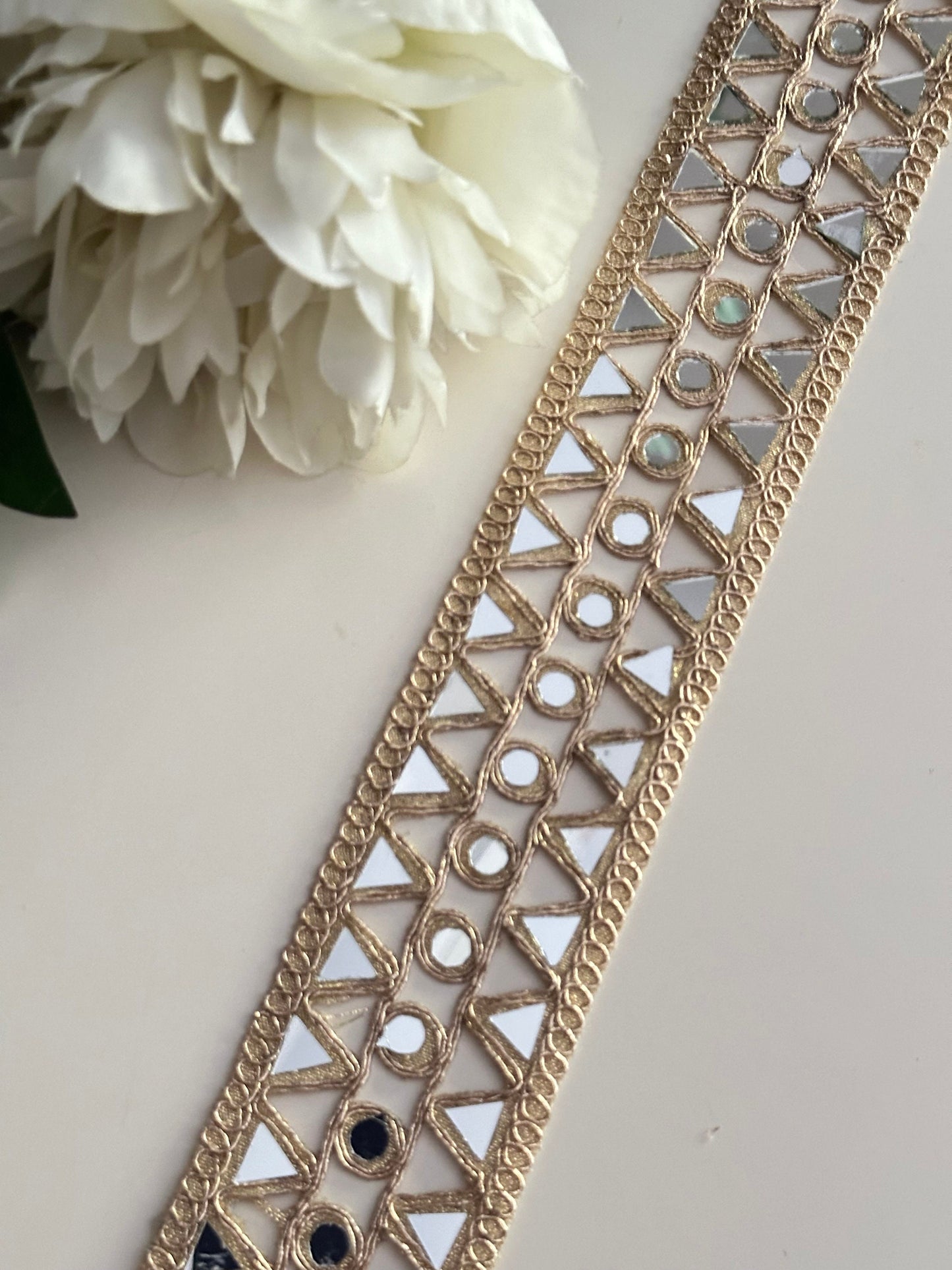 Gold Hand Crafted Broad Indian Mirror Work Border For Mirror Belts Kaftans Sari Suit