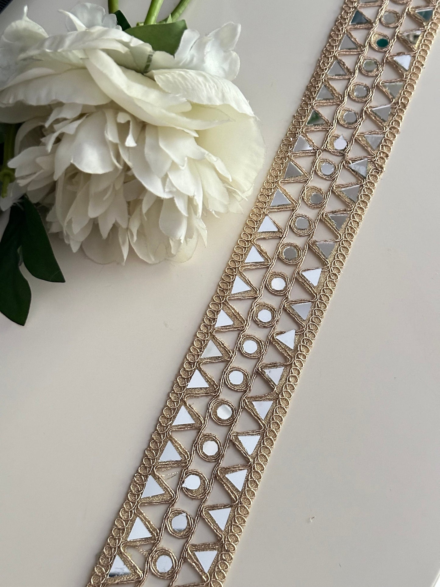 Gold Hand Crafted Broad Indian Mirror Work Border For Mirror Belts Kaftans Sari Suit