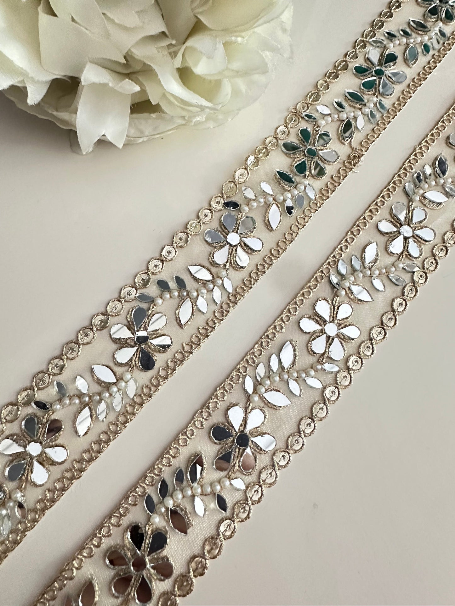 Indian Pearl Mirror Trim Embellished Tulle Fabric Sheer Mirror Trim Glamorous saree Border