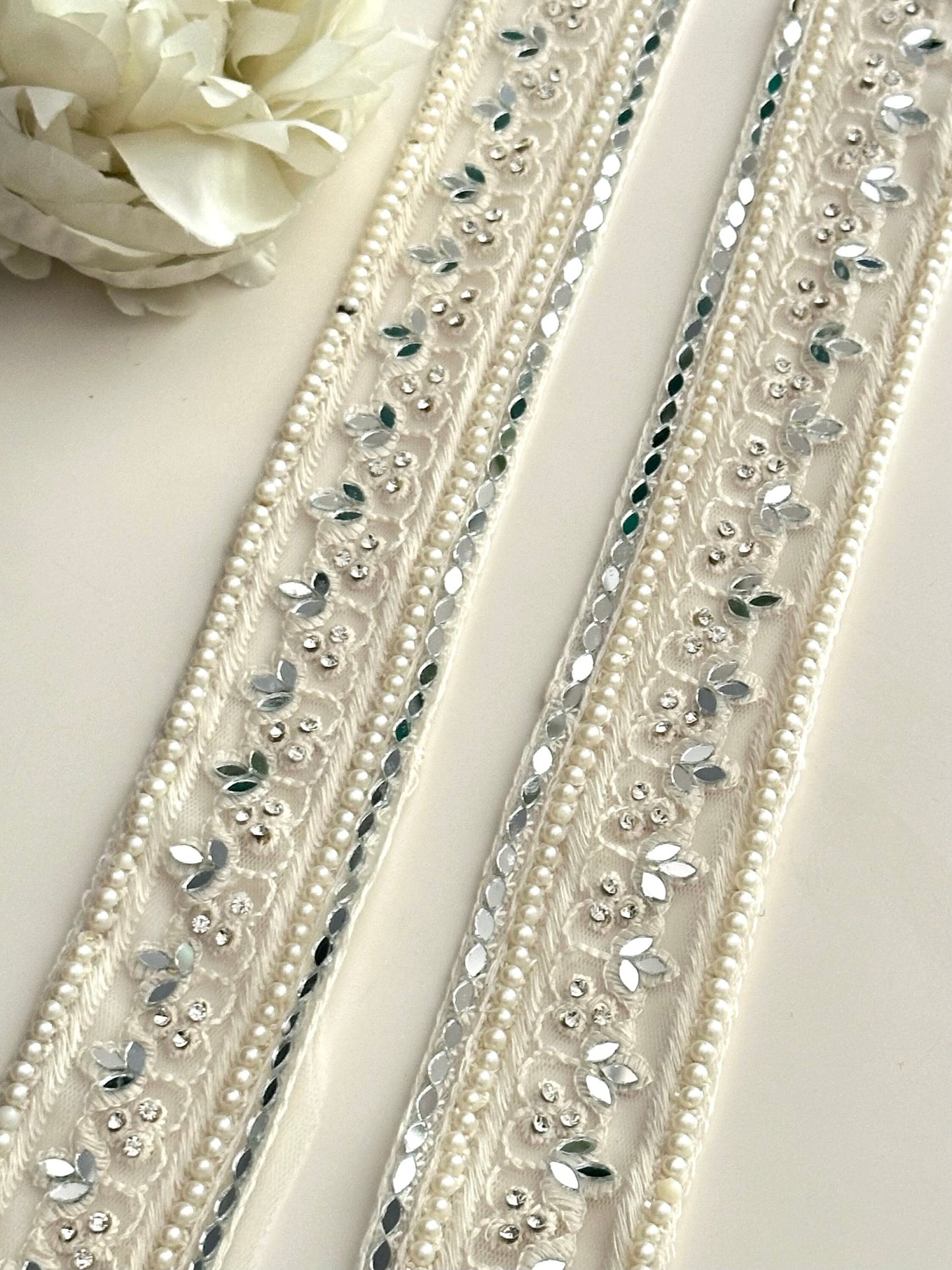 Shiny Ivory Mirror Lace Trim Zircon Catholic wedding Embroidery Band Veil Trim