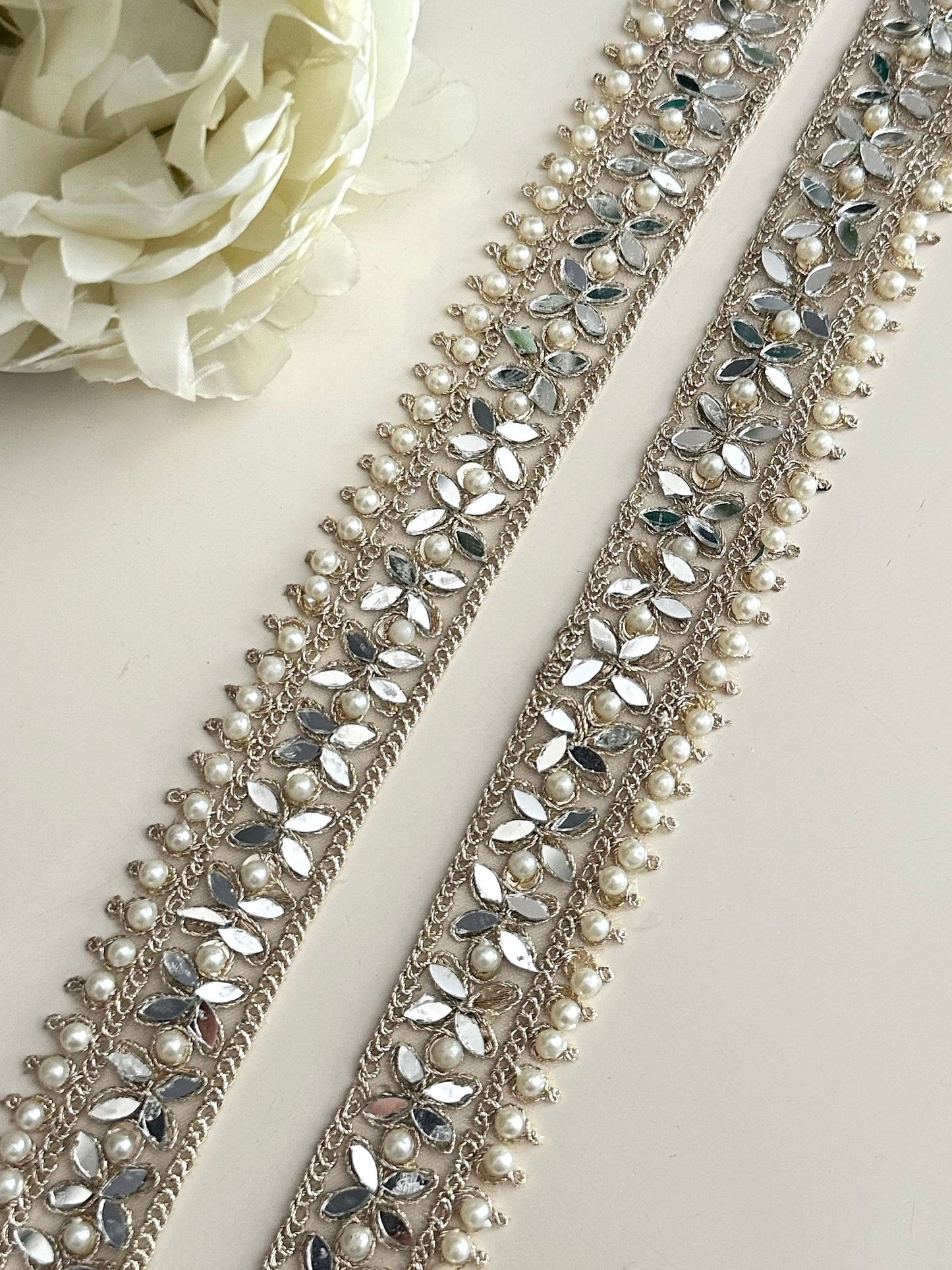 Light Gold Pearl Mirror Thin Band Wedding Veil Lace By Yard Fabric Trim