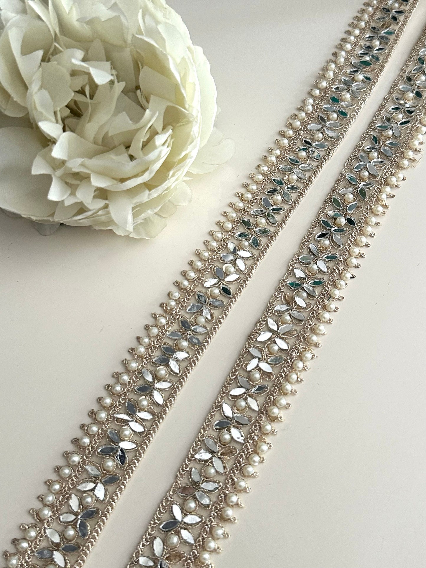 Light Gold Pearl Mirror Thin Band Wedding Veil Lace By Yard Fabric Trim