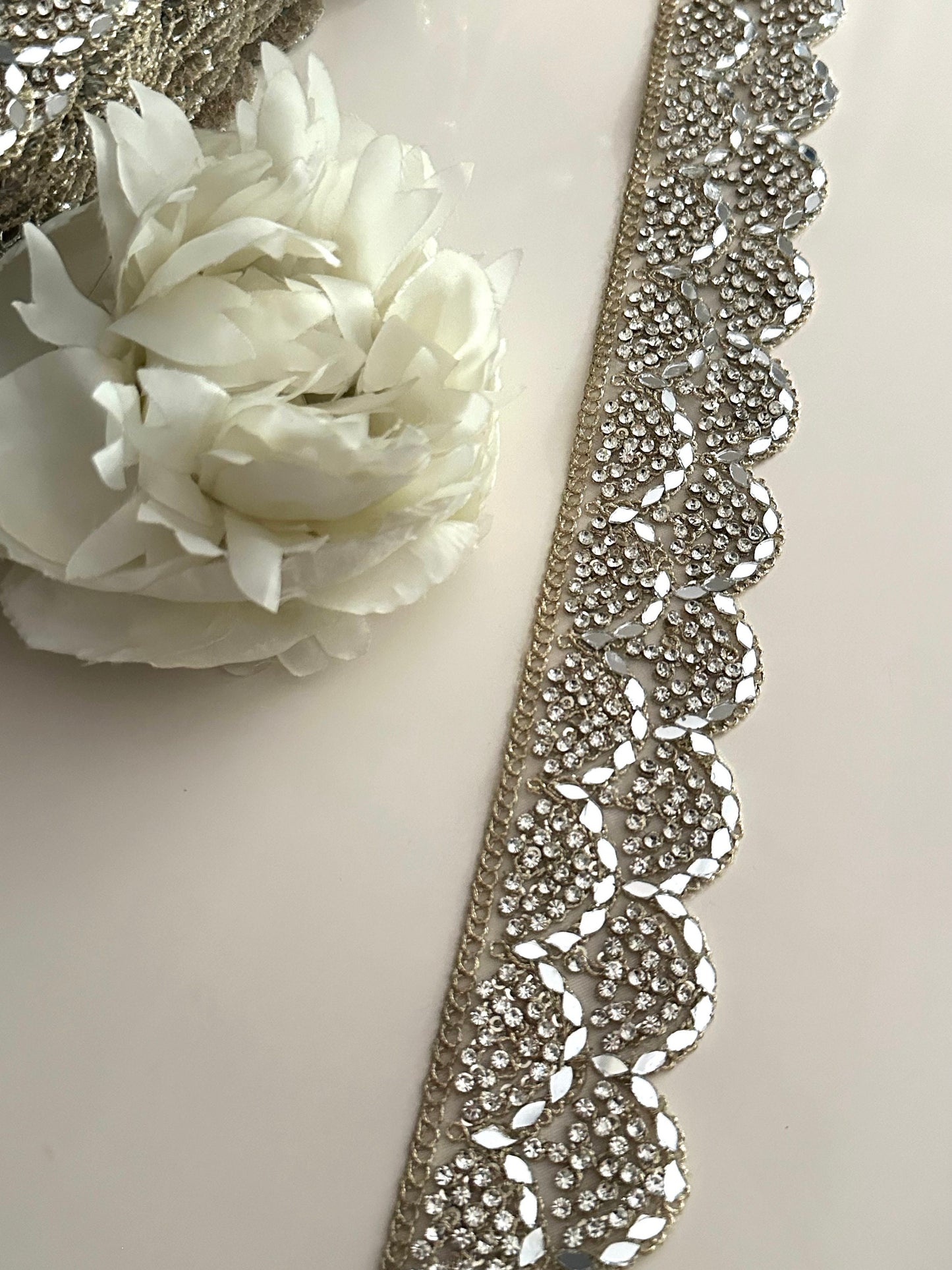 5cm Zircon and Mirror Embellished Metallic Silver saree trim Indian Dupatta Lace