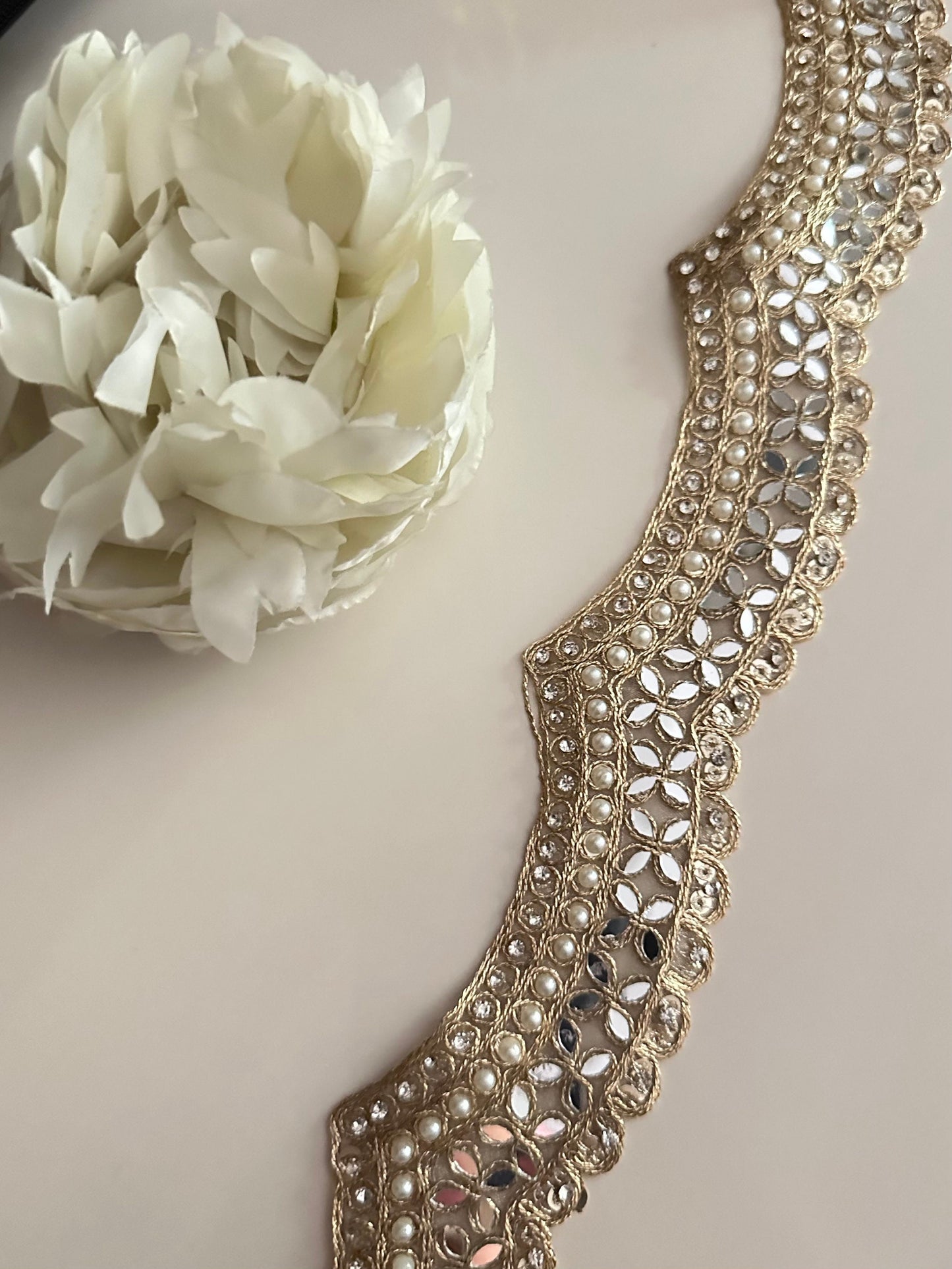 4cm Scalloped Indian Embroidered Border Pearl Bead Mirror & Zircon Trim