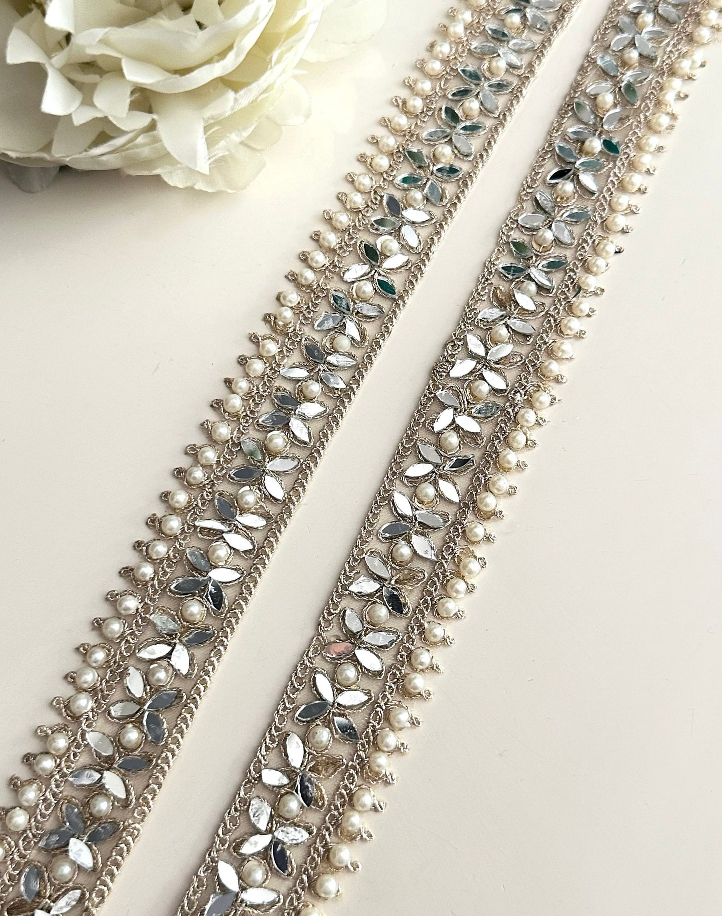 Light Gold Pearl Mirror Thin Band Wedding Veil Lace By Yard Fabric Trim