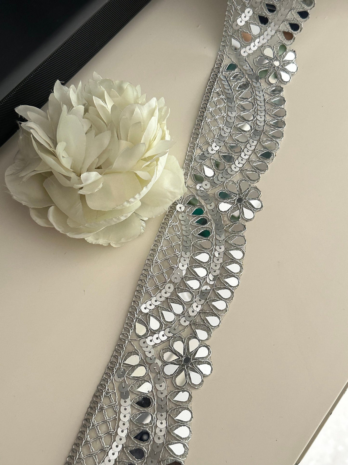 7cm Silver Scalloped Mirror Trim Cutwork Choker Band Indian Sequin Embroidered Border Waist Belt