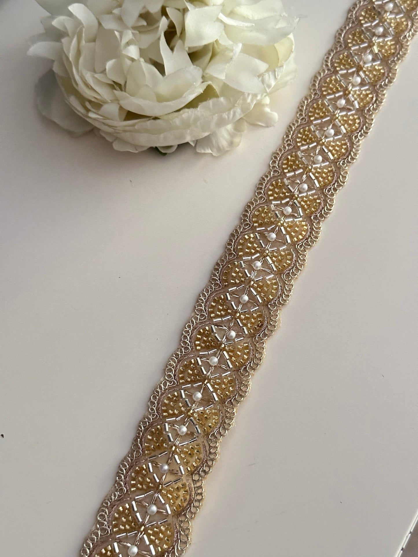 Gold Glass Bead Pearl 4cm Embellished Bridal Lace Crafting Cushion Lace Trim