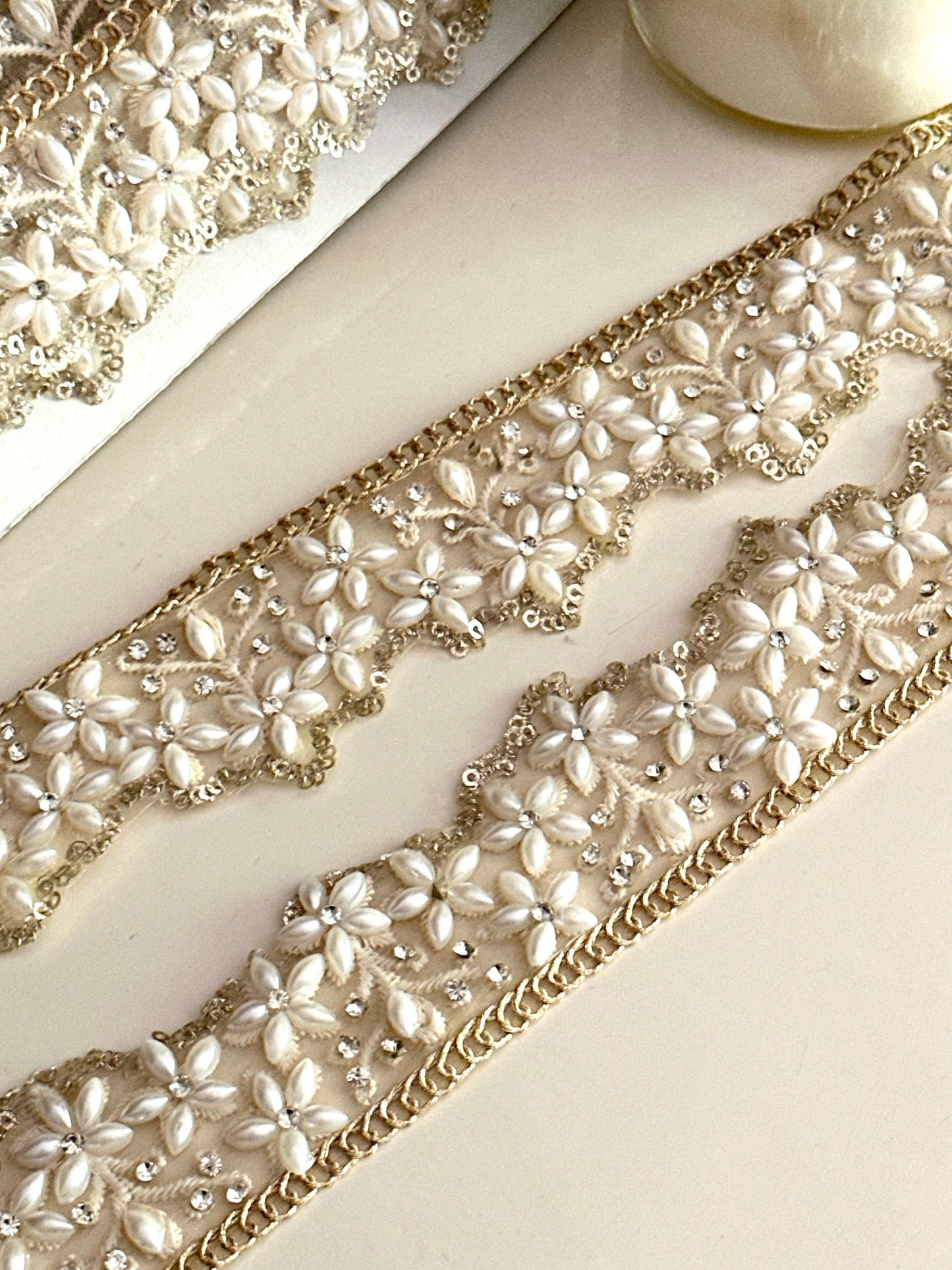 Scalloped Sequin Pearl & Zircon trim zari embroidery Flower pattern for Bridal veil