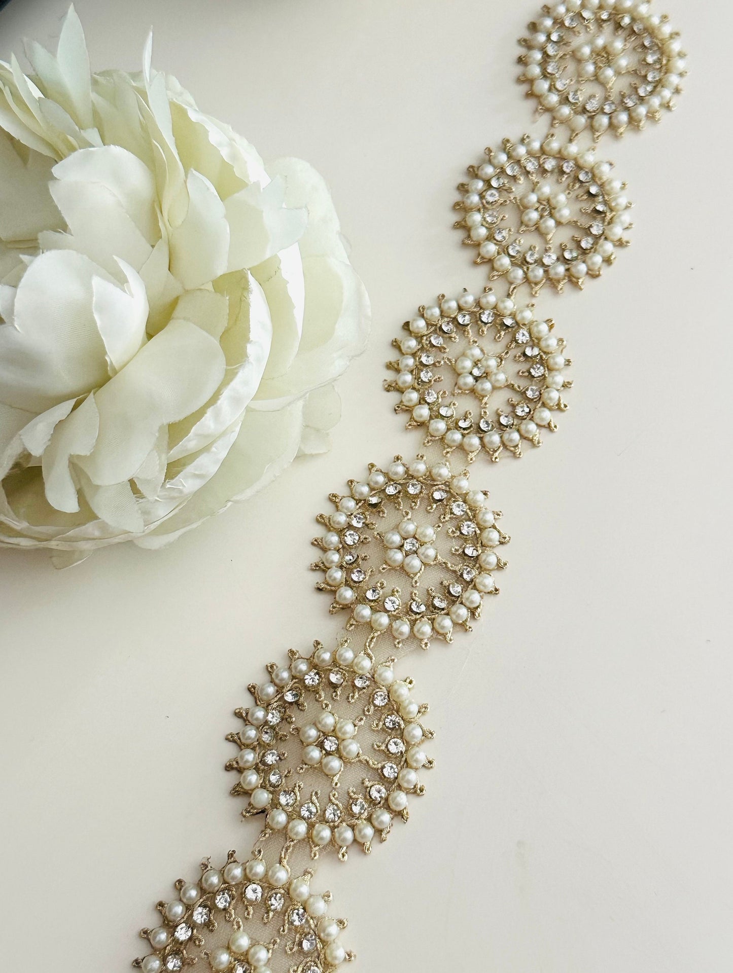 Round Gold Pearl & Zircon work trim for Choker and Waist Band 4cm Indian Embroidery Trim