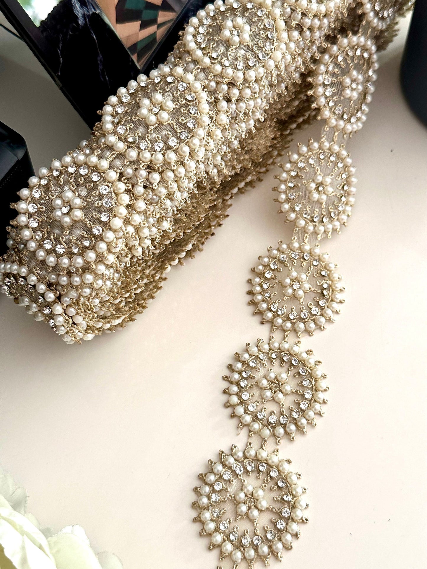 Round Gold Pearl & Zircon work trim for Choker and Waist Band 4cm Indian Embroidery Trim