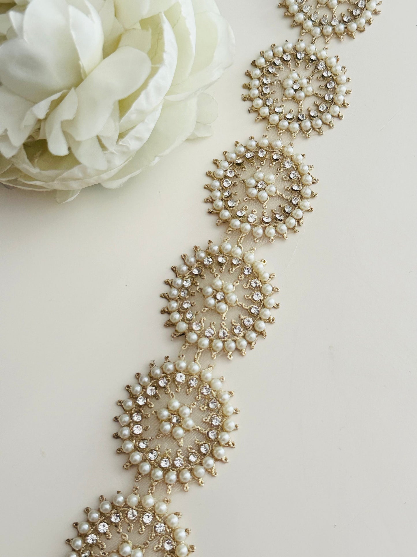 Round Gold Pearl & Zircon work trim for Choker and Waist Band 4cm Indian Embroidery Trim